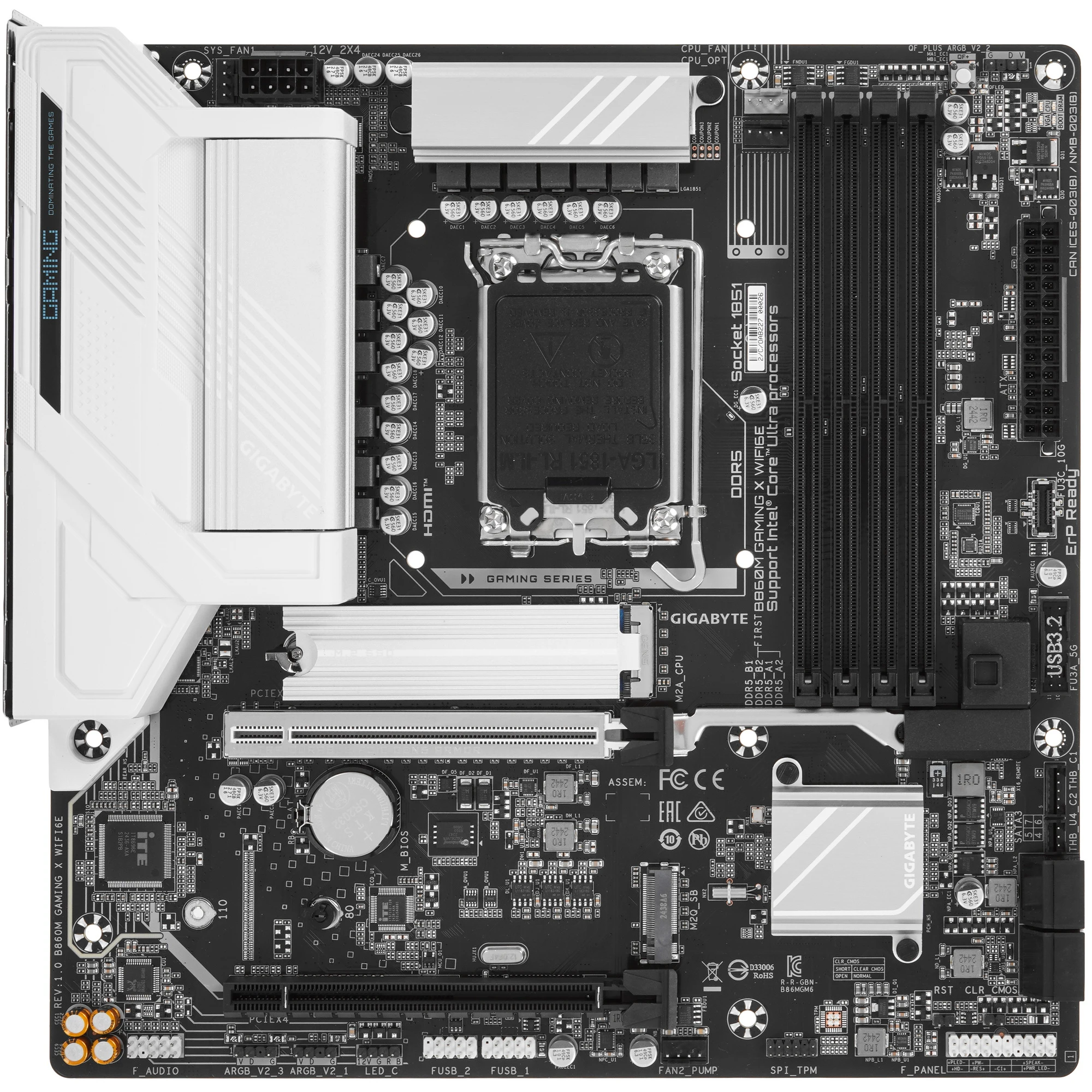 Материнская плата Gigabyte B860M GAMING X WIFI6E, LGA 1851, Intel B860, 4xDDR5, 4xSATA, 3xM.2, 1xPCIe 5.0 x16, 2xPCIe 4.0 x16, 1xHDMI, 1xDP, 1x 2.5Gb LAN, 4xUSB-A 2.0, 2xUSB-A 3.2 Gen 1, 1xUSB-C 3.2 Gen 2, 7.1, 3x3.5 мм, 3xARGb, 4xRGb, mATX