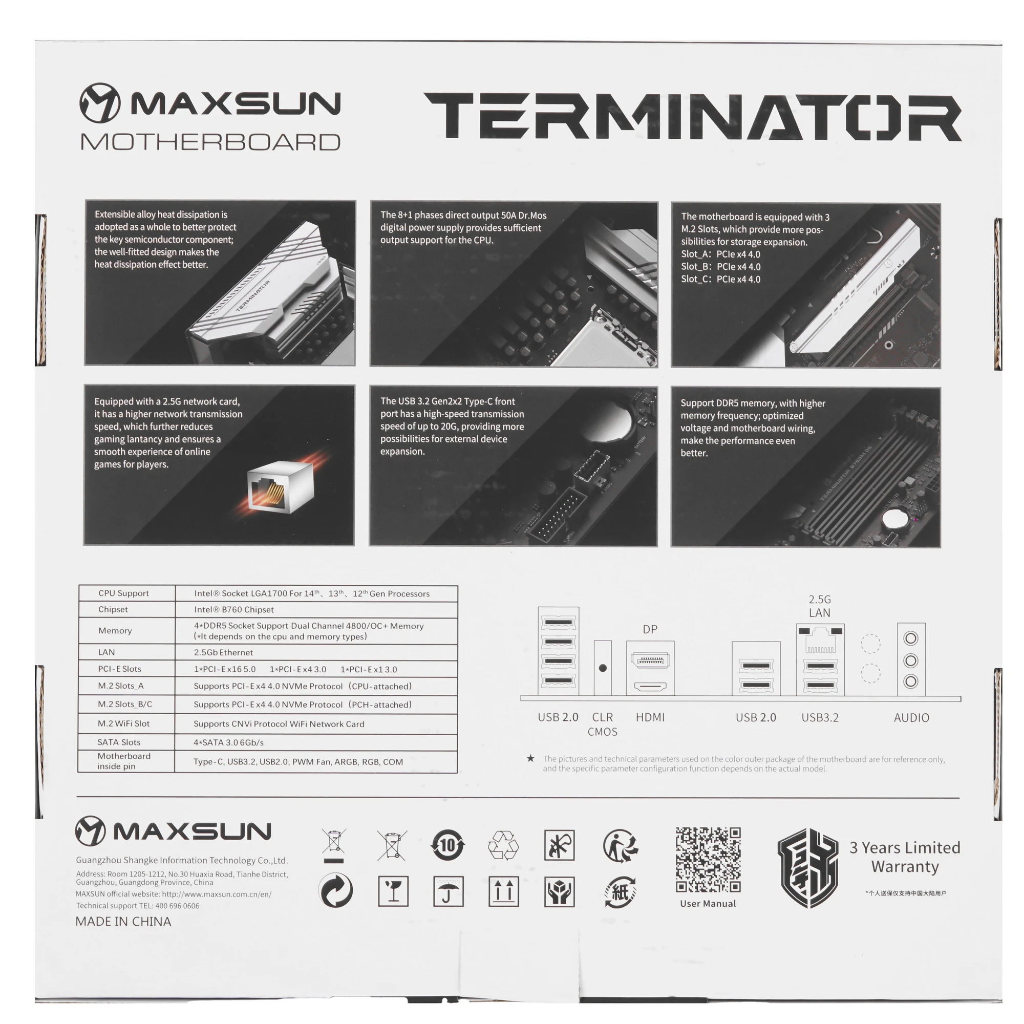 Материнская плата MAXSUN MS-Terminator B760M D5 WIFI 6E, LGA1700, Intel B760, 4xDDR5, 4xSATA, 3xM.2, 1xPCIe 5.0 x16, 1xPCIe 4.0 x4, 1xPCIe 3.0 x1, 1xHDMI, 1xDP, 1x2.5Gb LAN, Wi-Fi 6E, Bluetooth 5.3, 2xUSB-A 10Gbps, 6xUSB-A 2.0, 3x3.5 мм, 5.1, mATX, фото3