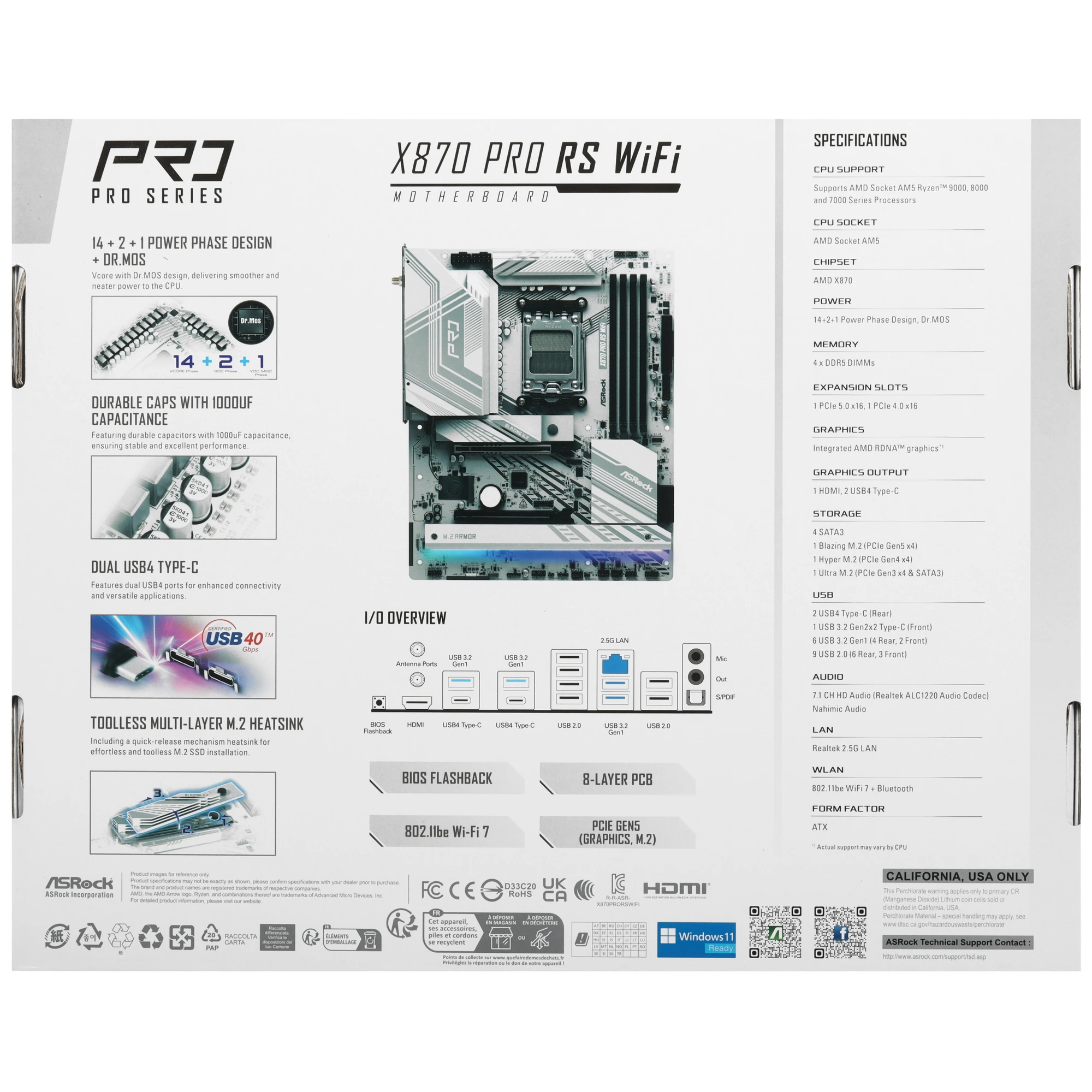 Материнская плата Asrock X870 PRO RS WIFI Socket AM5 AMD X870 4xDDR5 ATX AC`97 8ch(7.1) 2.5Gg RAID+HDMI, фото8