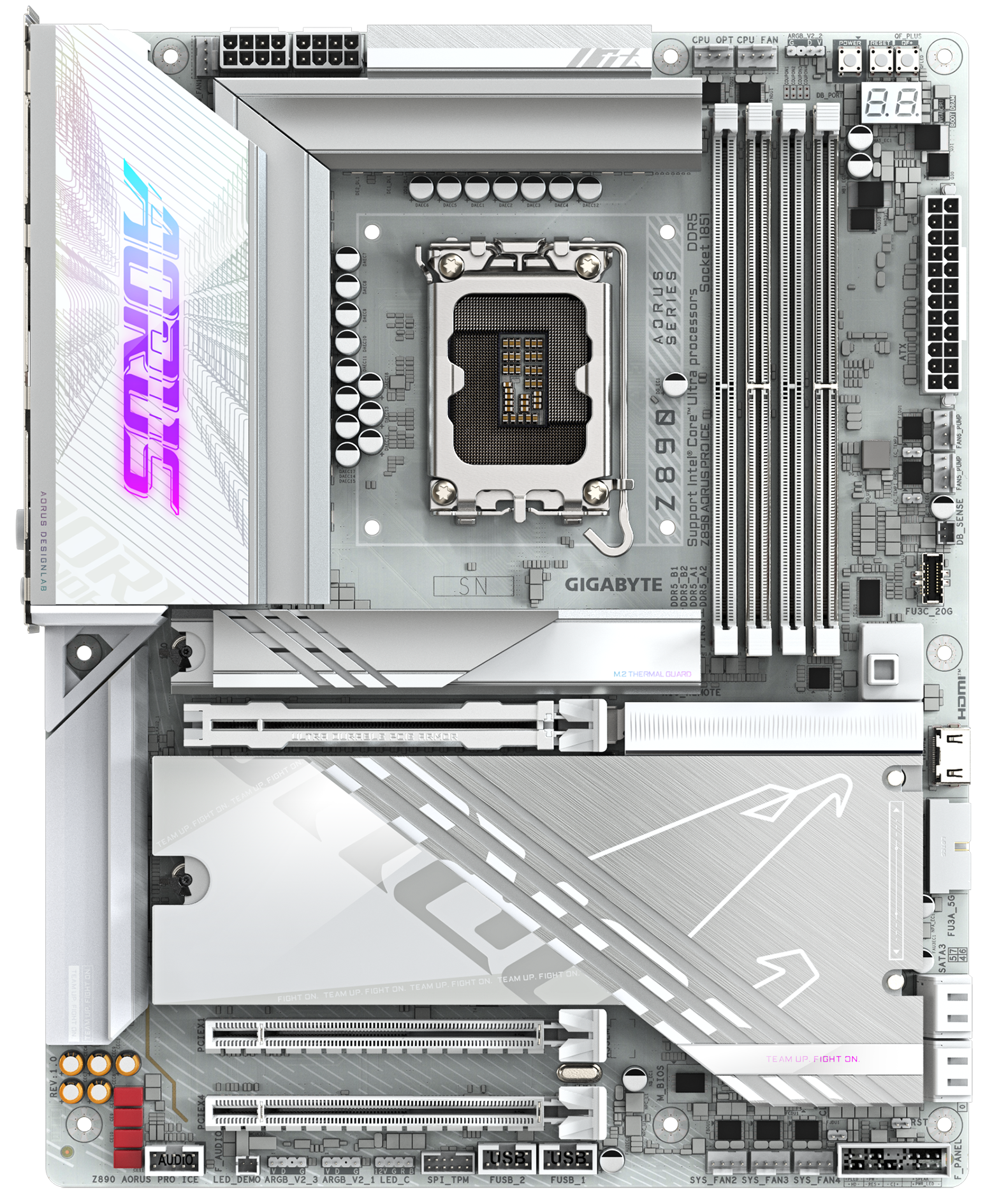 Материнская плата GIGABYTE Z890 AORUS PRO ICE, LGA1851, Intel Z890, 4xDDR5, 4xSATA, 5xM.2, 1xPCIe 5.0 x16, USB Type-C, 1x5Gb LAN, Thunderbolt, 2x3.5 мм, 7.1, ATX