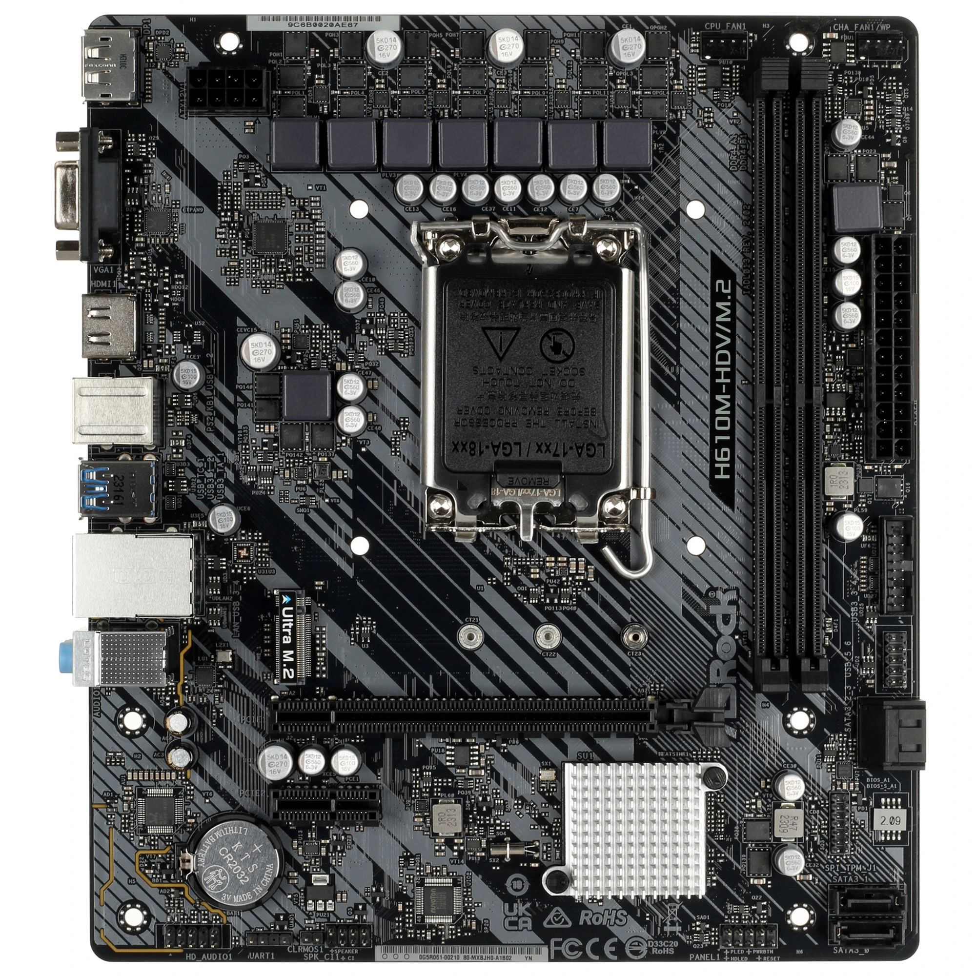 Материнская плата ASRock H610M-HDV/M.2 R2.0, LGA1700, Intel H610, 2xDDR4, 4xSATA, 1xM.2, 1xPCIe 4.0 x16, DisplayPort, HDMI, D-Sub, 1x1Gb LAN, 3x3.5 мм, 7.1, microATX