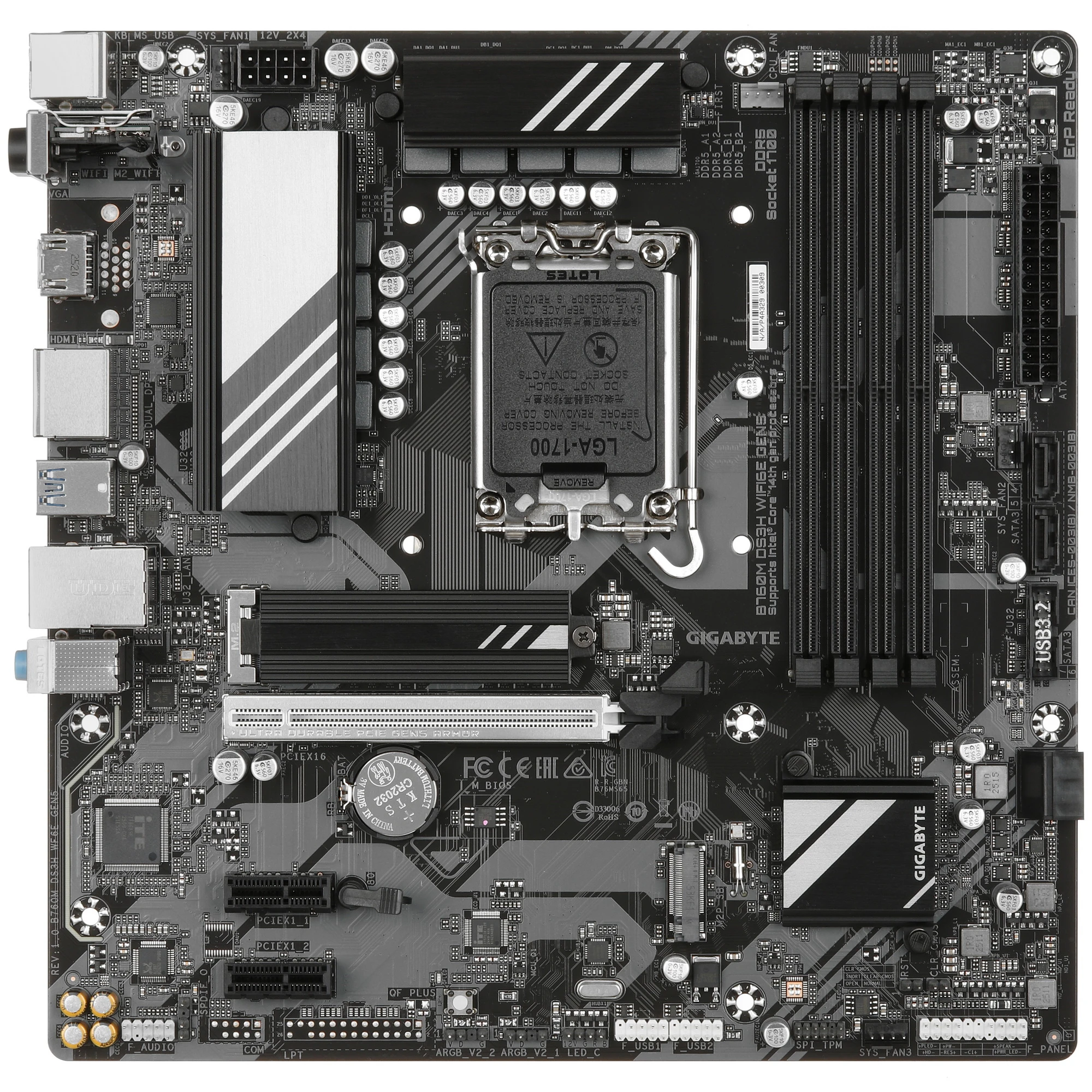 Материнская плата Gigabyte B760M DS3H WIFI6E GEN5, LGA1700, Intel B760, 4xDDR5, 4xSATA, 2xM.2, 1xPCIe 5.0 x16, 2xPCIe 4.0 x1, 1xHDMI, 2xDP, 1x2.5Gb LAN, Wi-Fi 6E, Bluetooth 5.3, 1xUSB-C 10Gbps, 3xUSB-A 5Gbps, 2xUSB-A 2.0, 3x3.5 мм, 7.1, mATX