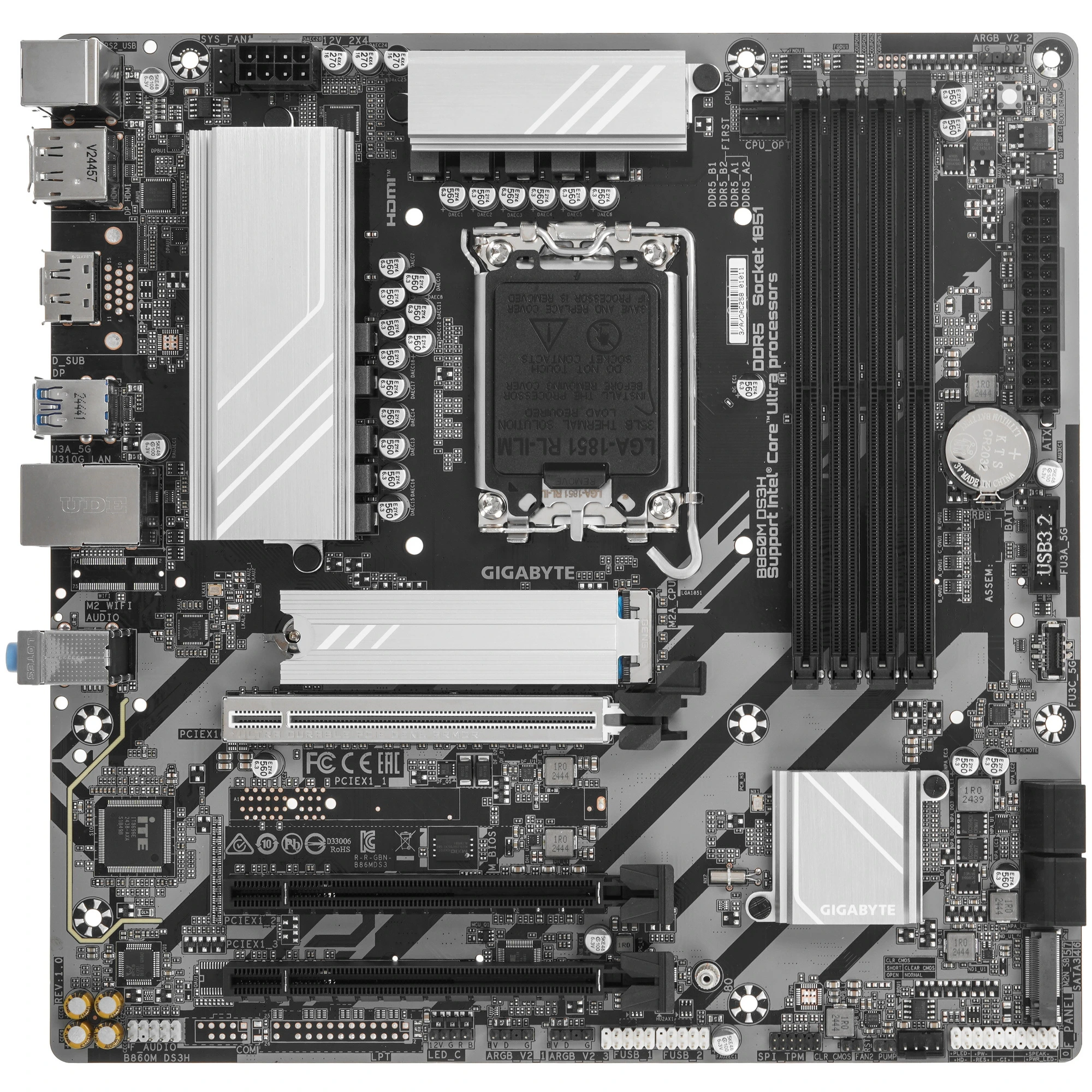 Материнская плата GIGABYTE B860M DS3H, LGA1851, Intel B860, 4xDDR5, 4xSATA, 2xM.2, 1xPCIe 5.0 x16, DisplayPort, HDMI, 1x2.5Gb LAN, 3x3.5 мм, 7.1, microATX, фото 1