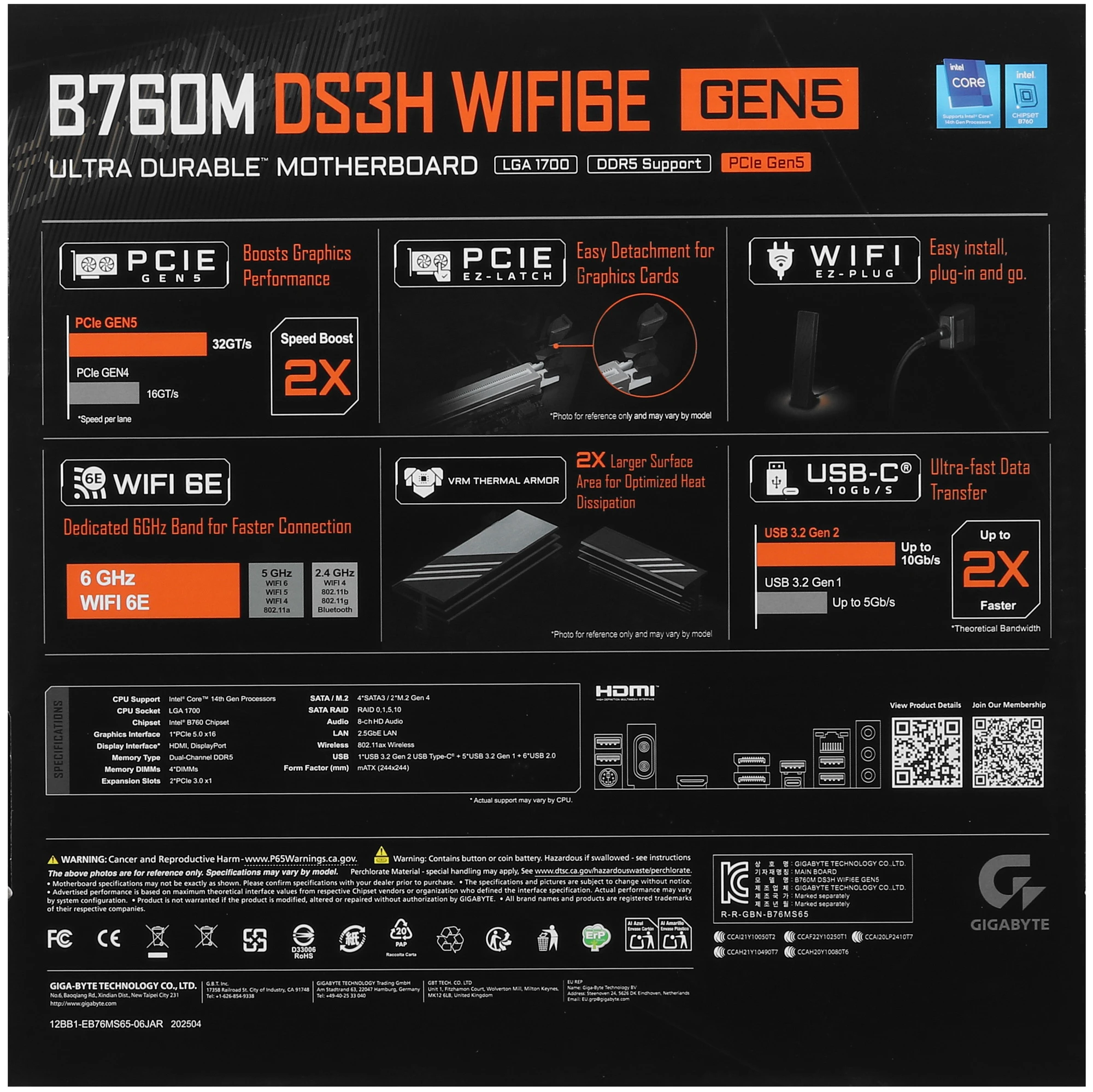 Материнская плата Gigabyte B760M DS3H WIFI6E GEN5, LGA1700, Intel B760, 4xDDR5, 4xSATA, 2xM.2, 1xPCIe 5.0 x16, 2xPCIe 4.0 x1, 1xHDMI, 2xDP, 1x2.5Gb LAN, Wi-Fi 6E, Bluetooth 5.3, 1xUSB-C 10Gbps, 3xUSB-A 5Gbps, 2xUSB-A 2.0, 3x3.5 мм, 7.1, mATX, фото8