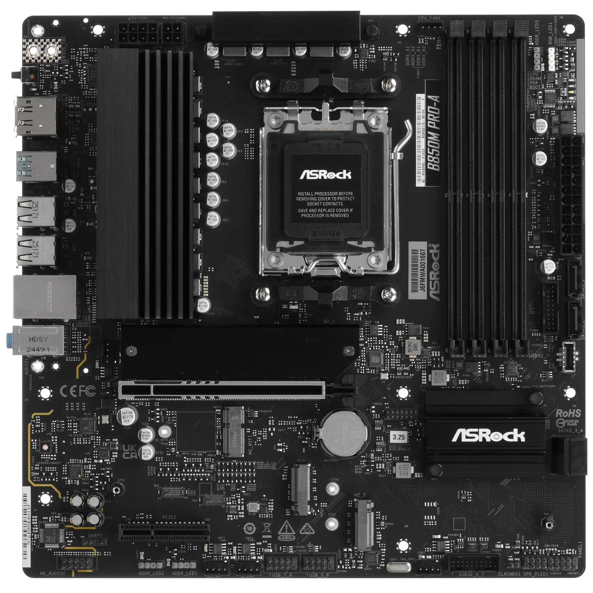 Материнская плата ASRock B850M PRO-A, AM5, AMD B850, 4xDDR5, 4xSATA, 3xM.2, 1xPCIe 5.0 x16, 1xPCIe 3.0 x4, 1xDP, 1xHDMI, 1x2.5Gb LAN, 1xUSB-C 10Gbps, 1xUSB-A 10Gbps, 2xUSB-A 5Gbps, 4xUSB-A 2.0, 3x3.5 мм, 7.1, mATX