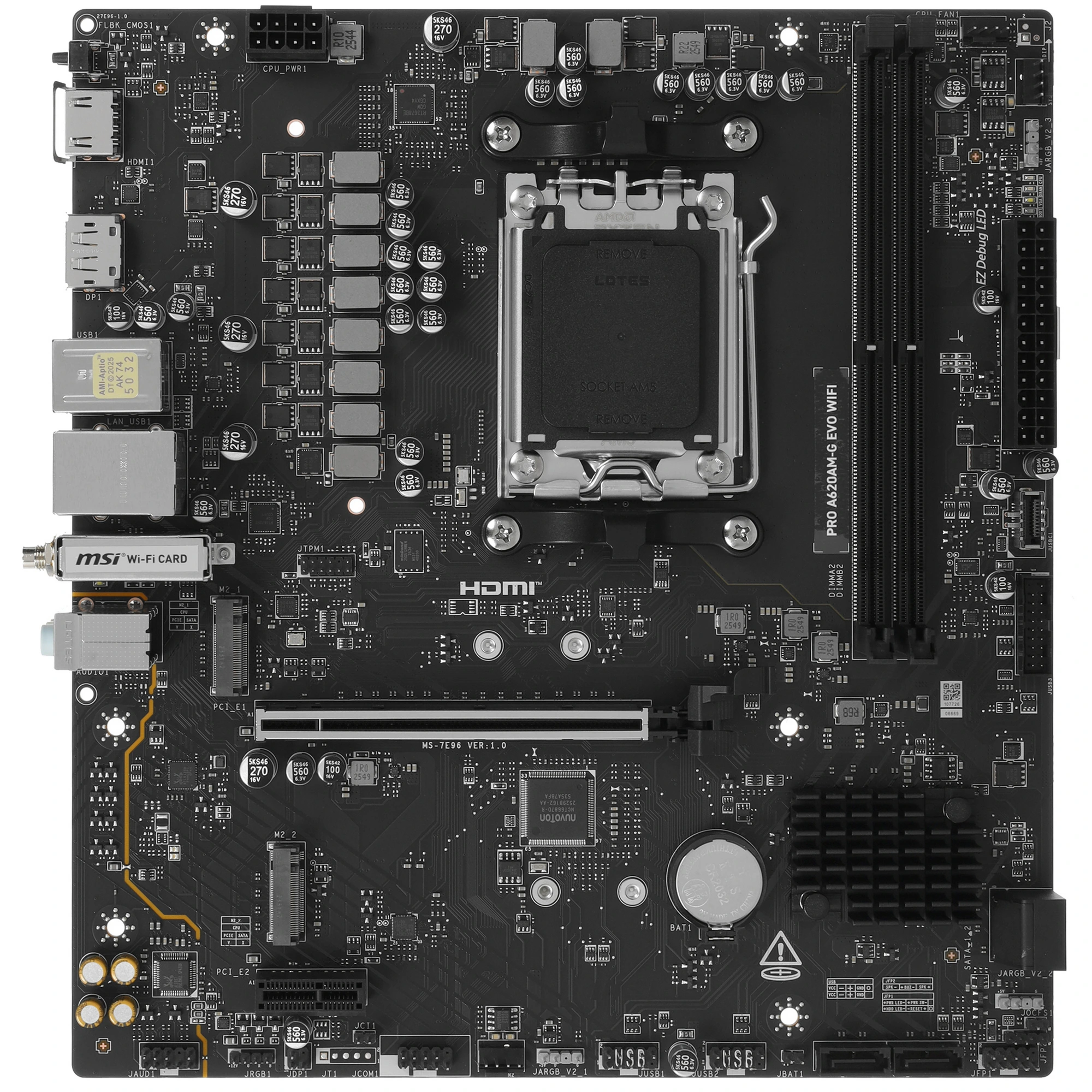 Материнская плата MSI PRO A620AM-G EVO WIFI, AM5, AMD A620A, 2xDDR5, 4xSATA, 2xM.2, 1xPCIe 4.0 x16, DisplayPort, HDMI, 1x2.5Gb LAN, Wi-Fi 6E, Bluetooth, 3x3.5 мм, 7.1, microATX
