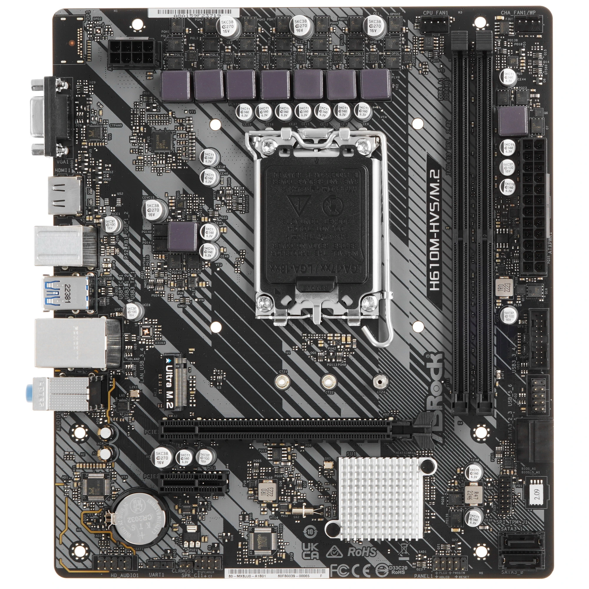 Материнская плата ASRock H610M-HVS/M.2 R2.0, LGA1700, Intel H610, 2xDDR4, 4xSATA, 1xM.2, 1xPCIe 4.0 x16, HDMI, D-Sub, 1x1Gb LAN, 3x3.5 мм, 7.1, microATX