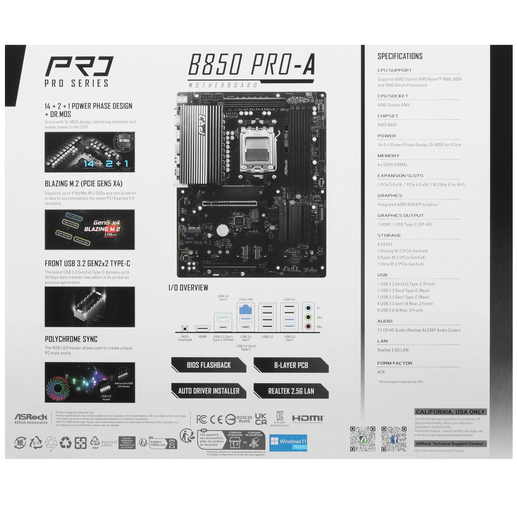Материнская плата ASRock B850 Pro-A, AM5, AMD B850, 4xDDR5, 4xSATA, 4xM.2, 1xPCIe 5.0 x16, 1xPCIe 4.0 x4, 1xHDMI, 1xUSB-C, 1x2.5Gb LAN, 1xUSB-C 10Gbps, 1xUSB-C 5Gbps, 4xUSB-A 5Gbps, 6xUSB-A 2.0, 3x3.5 мм, 7.1, ATX, фото8