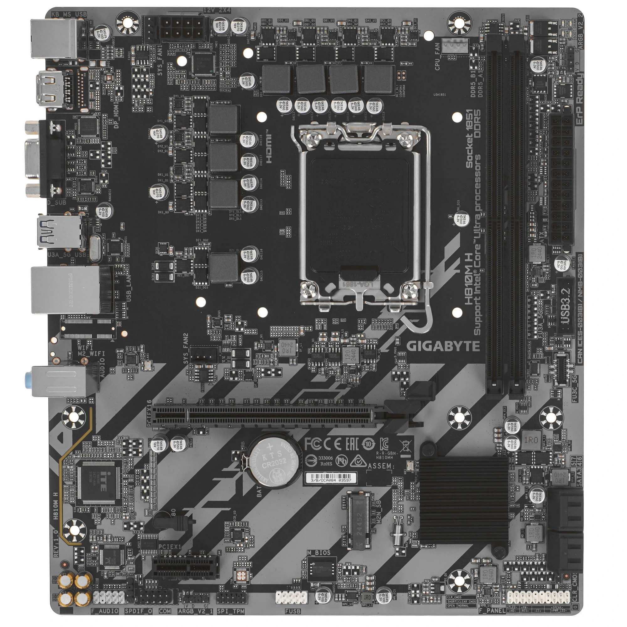 Материнская плата GIGABYTE H810M H, LGA1851, Intel H810, 2xDDR5, 4xSATA, 1xM.2, 1xPCIe 4.0 x16, 1xPCIe x1, HDMI, D-Sub, 1x1Gb LAN, 3x3.5 мм, 7.1, microATX