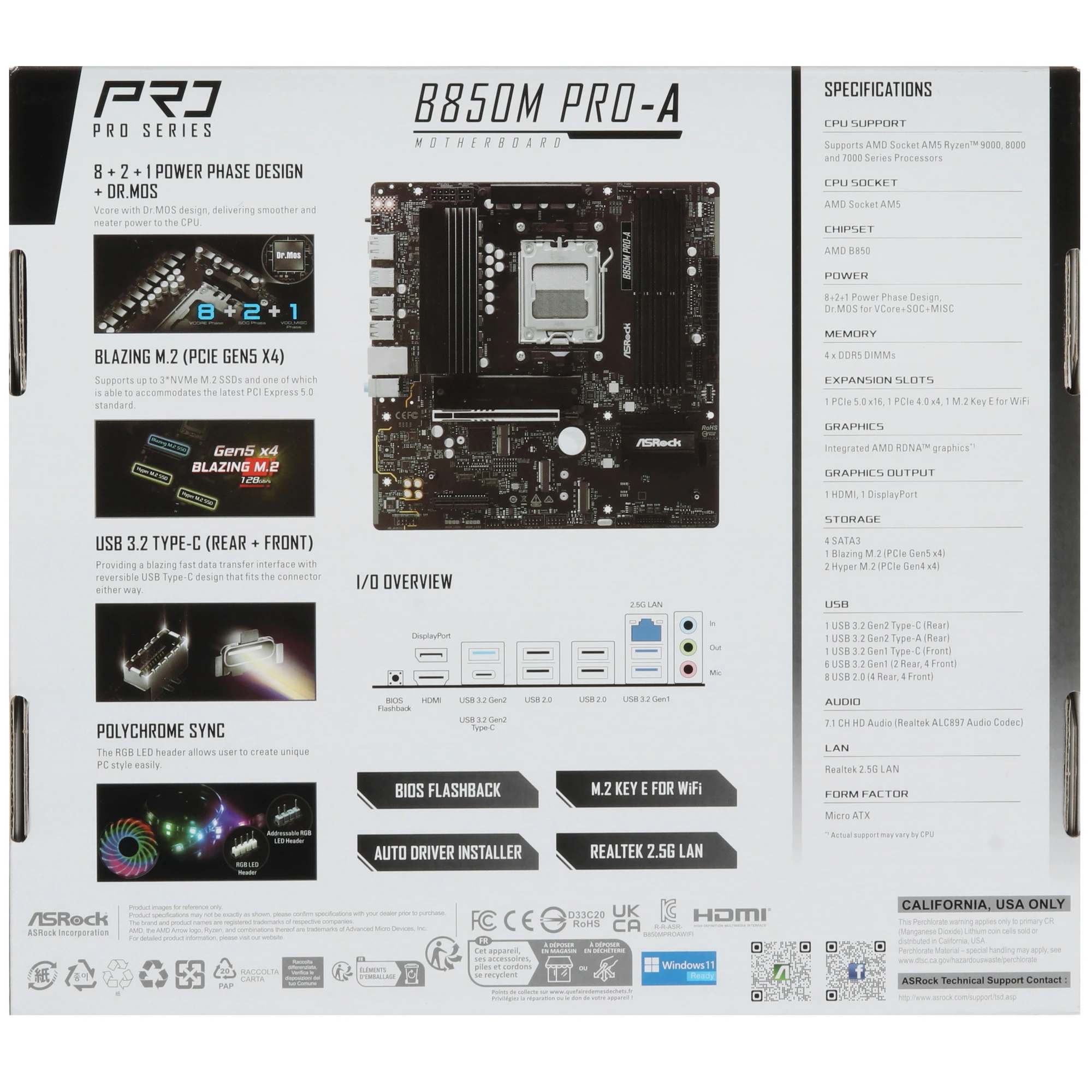 Материнская плата ASRock B850M PRO-A, AM5, AMD B850, 4xDDR5, 4xSATA, 3xM.2, 1xPCIe 5.0 x16, 1xPCIe 3.0 x4, 1xDP, 1xHDMI, 1x2.5Gb LAN, 1xUSB-C 10Gbps, 1xUSB-A 10Gbps, 2xUSB-A 5Gbps, 4xUSB-A 2.0, 3x3.5 мм, 7.1, mATX, фото7