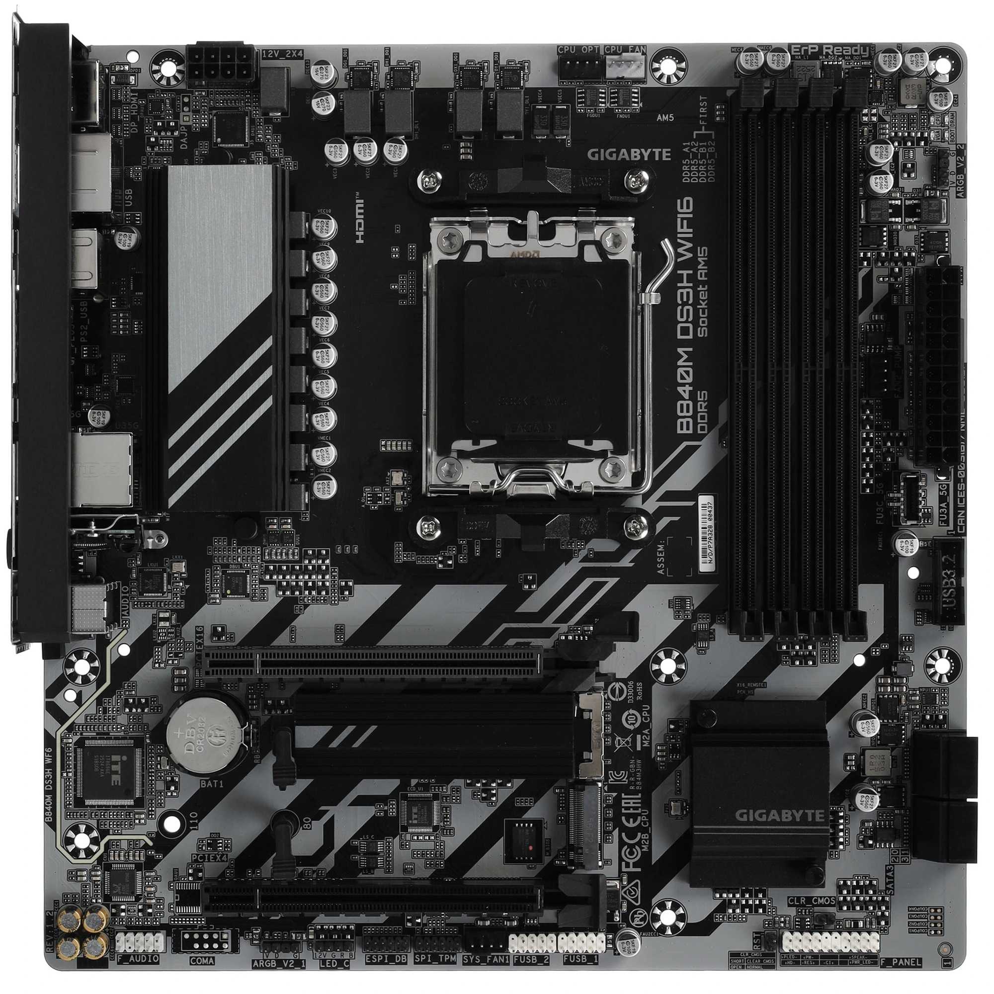 Материнская плата Gigabyte B840M DS3H WF6, AM5, AMD B840, 4xDDR5, 4xSATA, 2xM.2, 1xPCIe 4.0 x16, DisplayPort, HDMI, 1x2.5Gb LAN, USB Type-C, 3x3.5 мм, 7.1, microATX