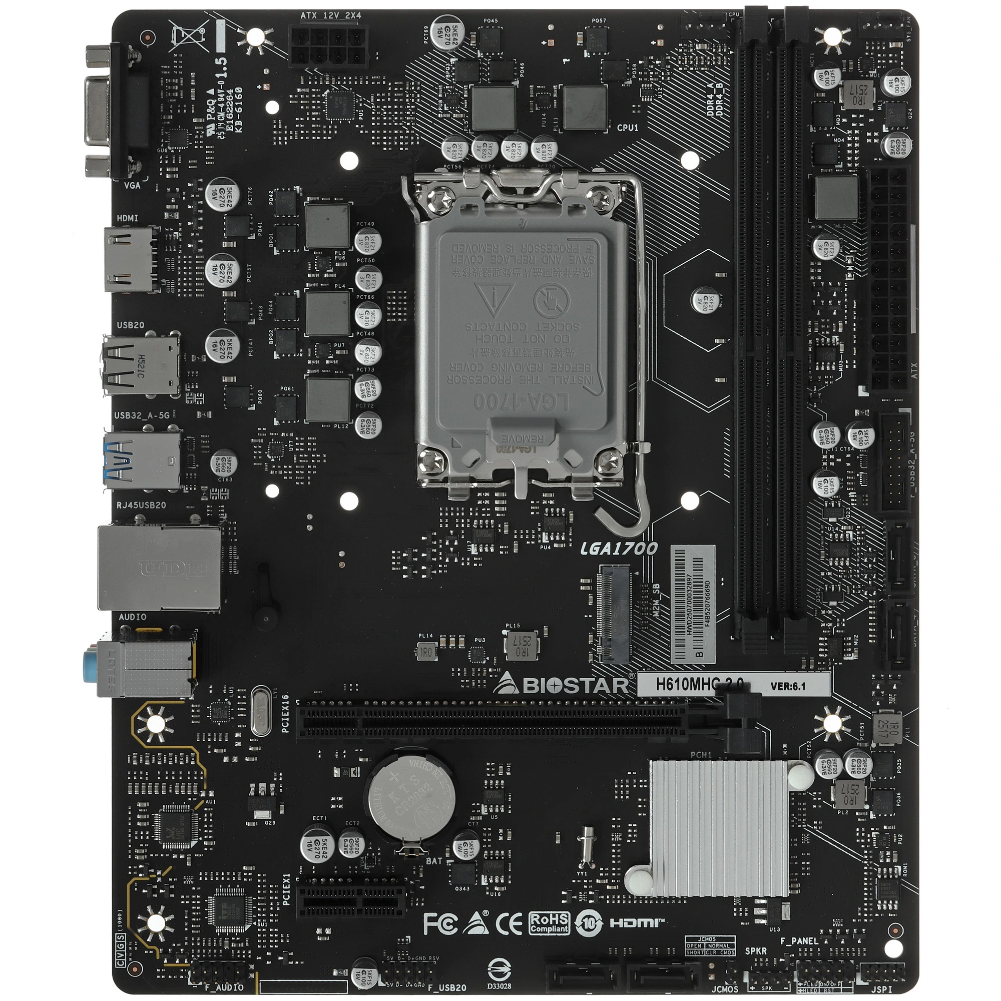 Материнская плата Biostar H610MHC 2.0, LGA1700, Intel H610, 2xDDR4, 4xSATA, 1xM.2, 1xPCIe 4.0 x16, 1xPCIe x1, HDMI, D-Sub, 1x1Gb LAN, 3x3.5 мм, 7.1, microATX