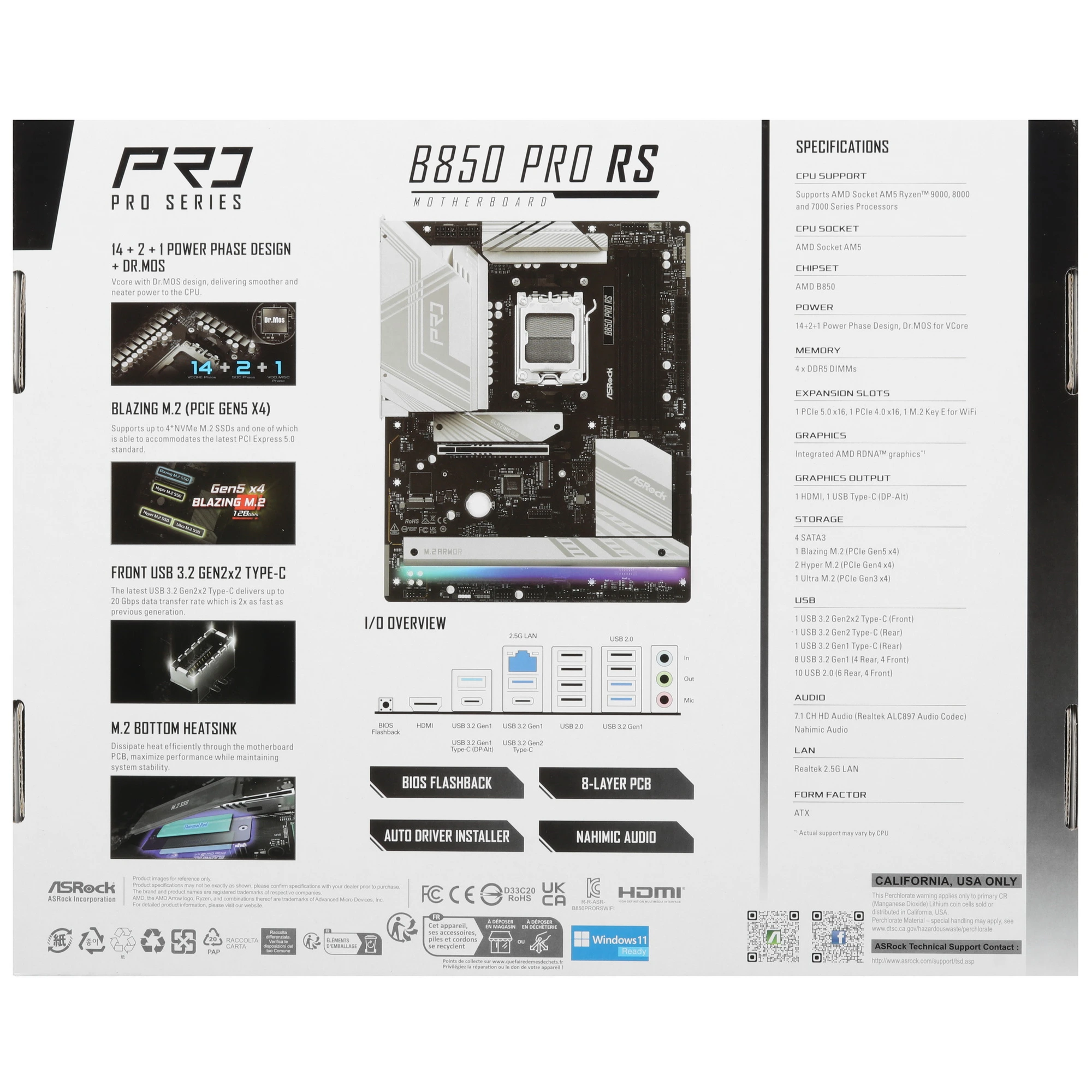 Материнская плата ASRock B850 PRO RS, AM5, AMD B850, 4xDDR5, 4xSATA, 4xM.2, 1xPCIe 5.0 x16, 1xPCIe 4.0 x4, 1xHDMI, 1xUSB-C, 1x2.5Gb LAN, 1xUSB-C 10Gbps, 1xUSB-C 5Gbps, 4xUSB-A 5Gbps, 6xUSB-A 2.0, 3x3.5 мм, 7.1, ATX, фото9
