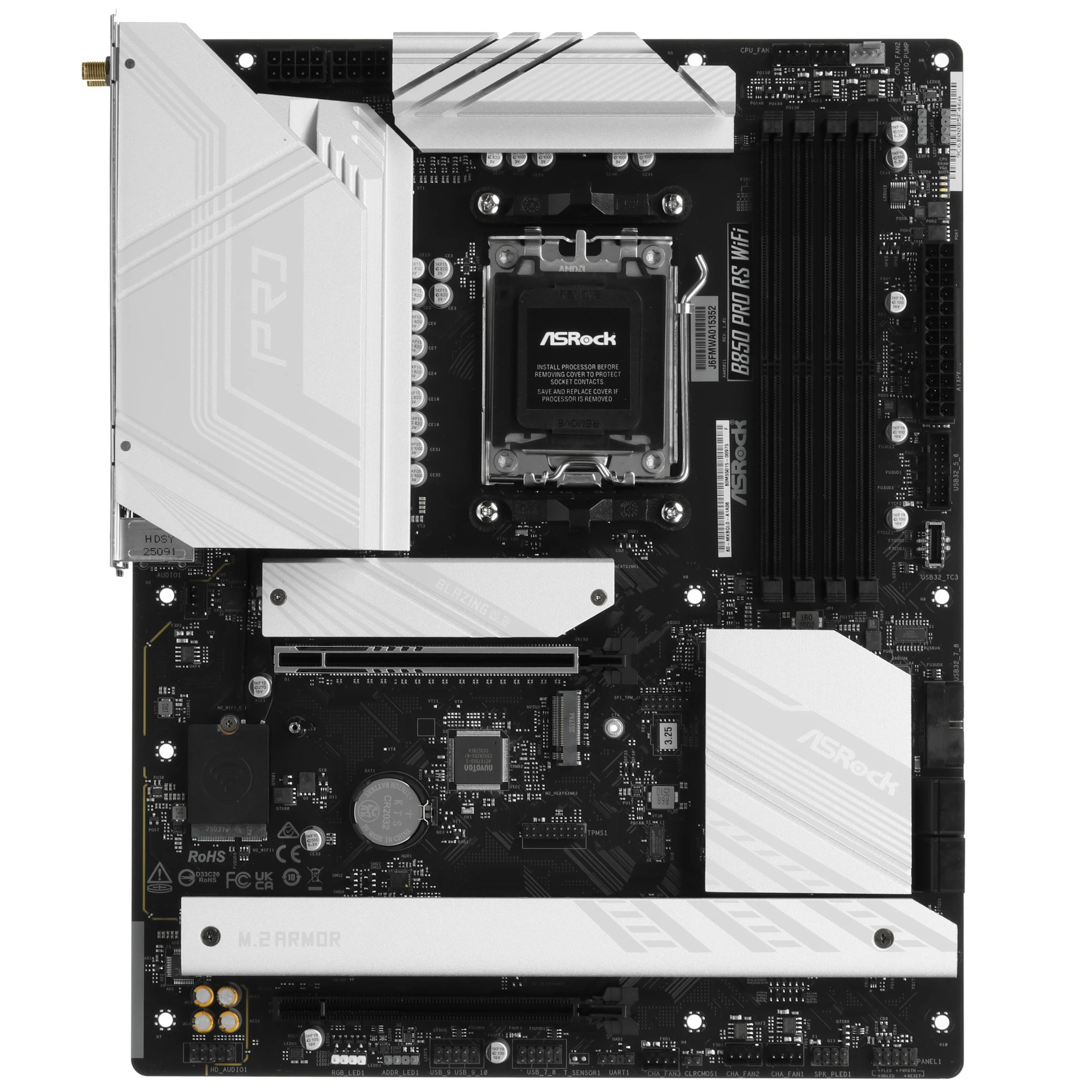 Материнская плата ASRock B850 PRO RS WIFI, AM5, AMD B850, 4xDDR5, 4xSATA, 4xM.2, 1xPCIe 5.0 x16, 1xPCIe 4.0 x4, 1xHDMI, 1xUSB-C, 1x2.5Gb LAN, Wi-Fi 6E, Bluetooth 5.2, 1xUSB-C 10Gbps, 1xUSB-C 5Gbps, 4xUSB-A 5Gbps, 6xUSB-A 2.0, 3x3.5 мм, 7.1, ATX