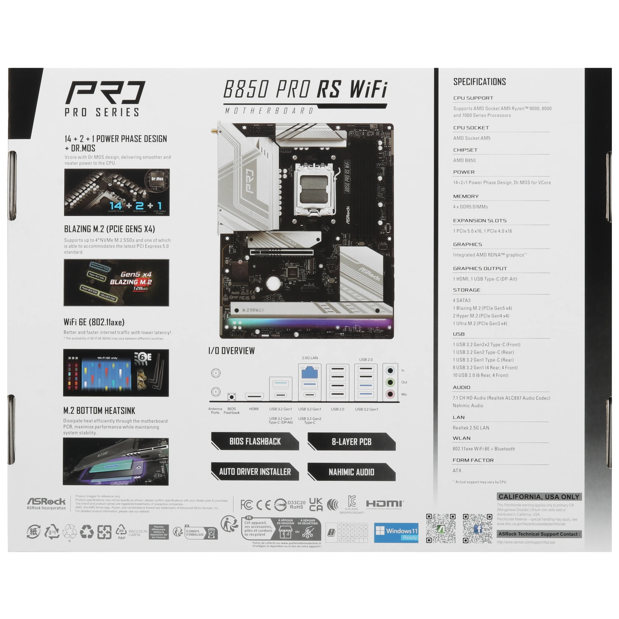 Материнская плата ASRock B850 PRO RS WIFI, AM5, AMD B850, 4xDDR5, 4xSATA, 4xM.2, 1xPCIe 5.0 x16, 1xPCIe 4.0 x4, 1xHDMI, 1xUSB-C, 1x2.5Gb LAN, Wi-Fi 6E, Bluetooth 5.2, 1xUSB-C 10Gbps, 1xUSB-C 5Gbps, 4xUSB-A 5Gbps, 6xUSB-A 2.0, 3x3.5 мм, 7.1, ATX, фото8