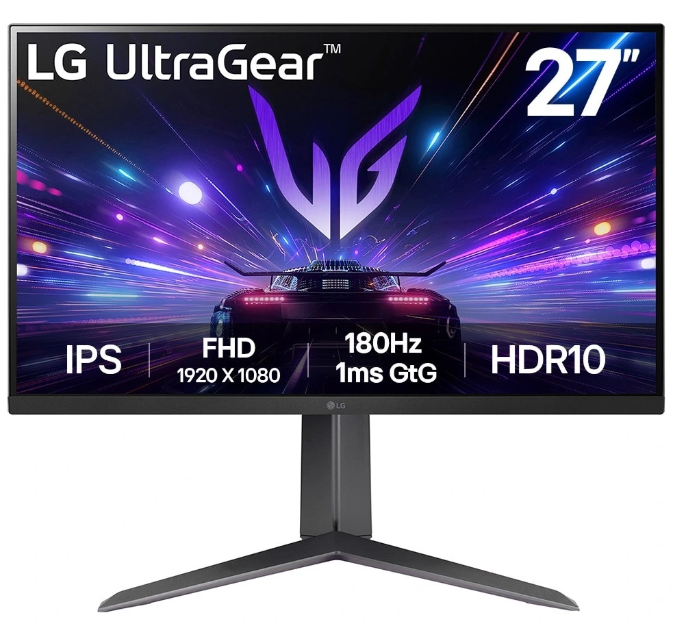 Монитор 27" LG UltraGear 27GS65F-B IPS 1920x1080, 180 Гц, 1 мс, 16:9, HDR10, 300 кд/м², DisplayPort, HDMI 2.0, Flicker Free, Low Blue Light, виртуальный прицел, стабилизатор черного цвета, счетчик кадров, трехсторонний безрамочный дизайн, регулировка по высоте, поворот на 90 градусов, черный
