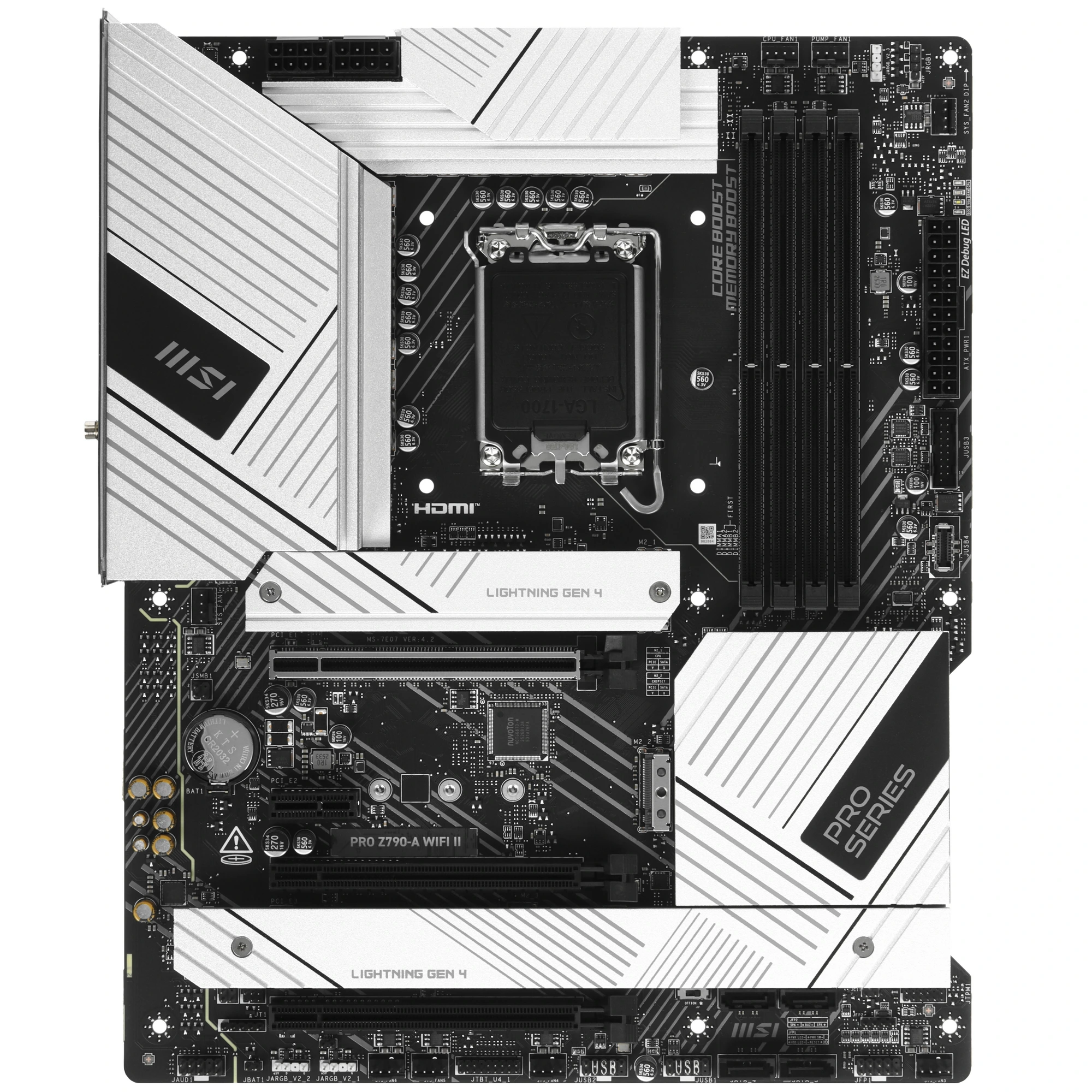 Материнская плата MSI PRO Z790-A WIFI II, LGA 1700, Intel Z790, 4xDDR5, 6xSATA, 4xM.2, 1xPCIe 5.0 x16, DisplayPort, HDMI, USB Type-C, 1x2.5Gb LAN, Wi-Fi 6E, Bluetooth, 5x3.5 мм, 7.1, ATX