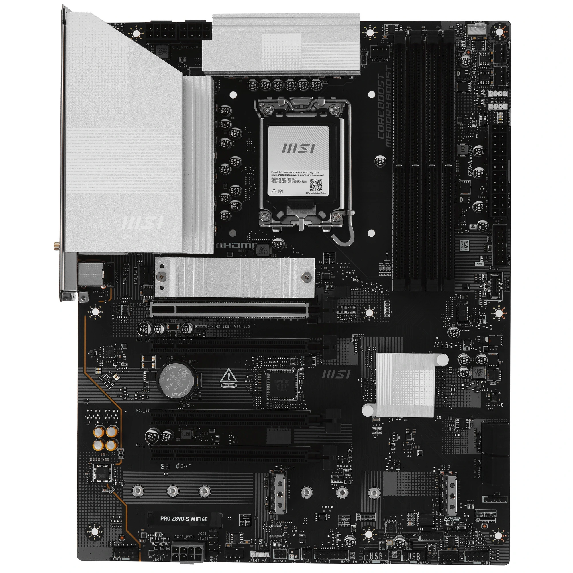 Материнская плата MSI PRO Z890-S WIFI6E, LGA 1851, Intel Z890, 4xDDR5, 4xSATA, 3xM.2, 1xPCIe 5.0 x16, DisplayPort, HDMI, USB Type-C, 1x2.5Gb LAN, Wi-Fi 6E, Bluetooth, 3x3.5 мм, 7.1, ATX