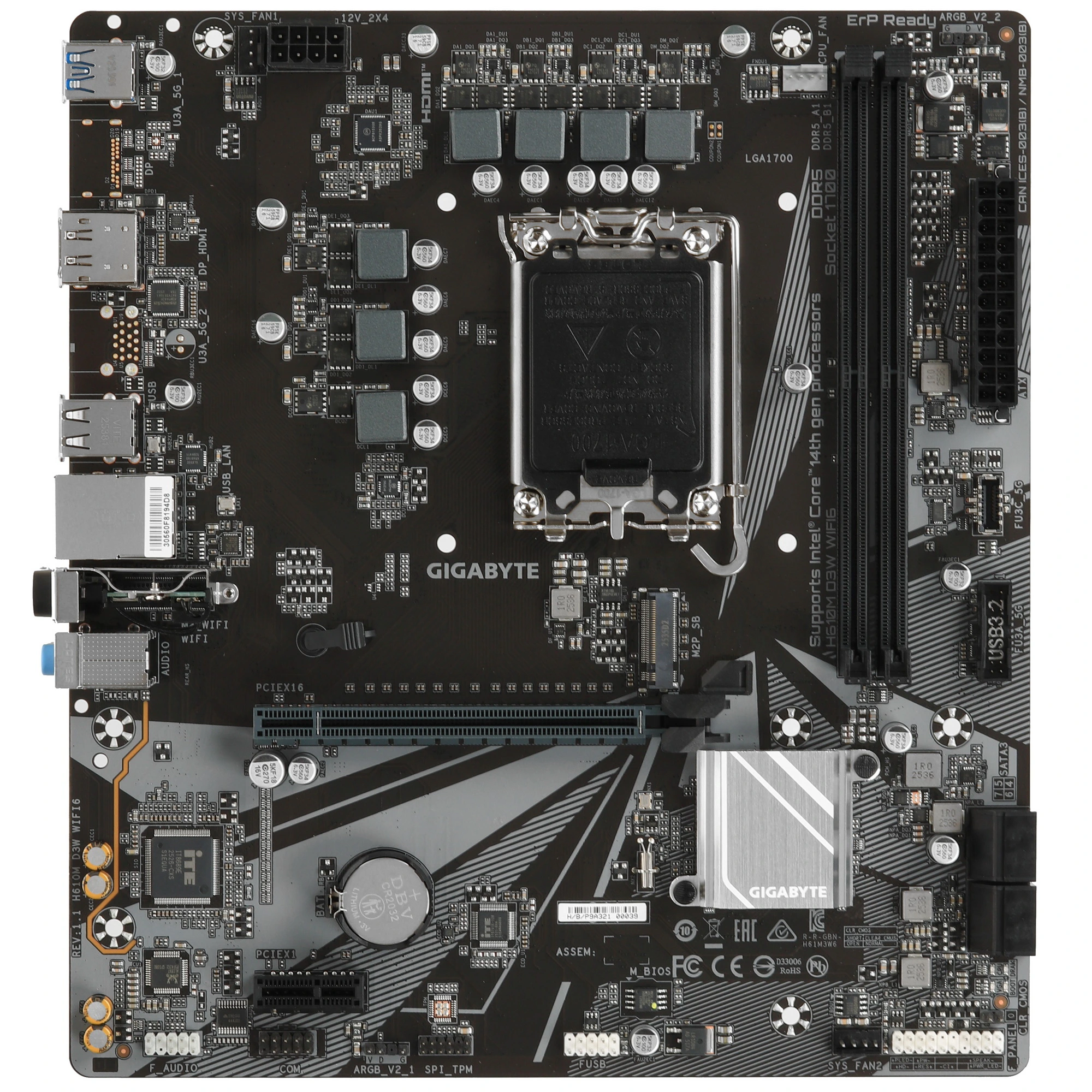 Материнская плата GIGABYTE H610M D3W WIFI6, LGA 1700, Intel H610, 2xDDR5, 4xSATA, 1xM.2, 1xPCIe 4.0 x16, DisplayPort, HDMI, 1x1Gb LAN, Wi-Fi 6, Bluetooth, 3x3.5 мм, 7.1, microATX