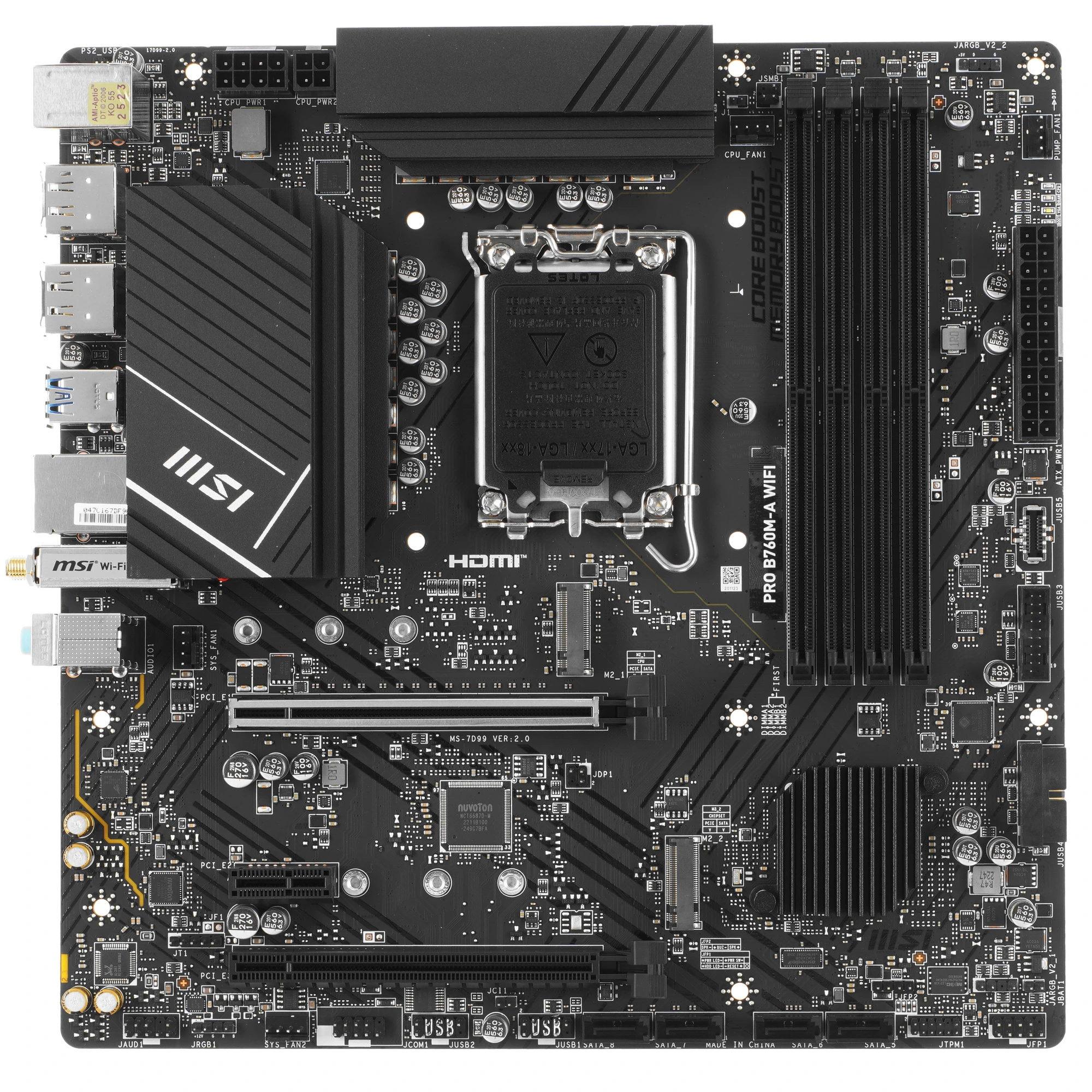 Материнская плата MSI PRO B760M-A WIFI, LGA1700, Intel B760, 4xDDR5, 4xSATA, 2xM.2, 2xPCIe x16, 1xPCIe x1, DisplayPort, HDMI, 1x2.5Gb LAN, 3x3.5 мм, 7.1, microATX