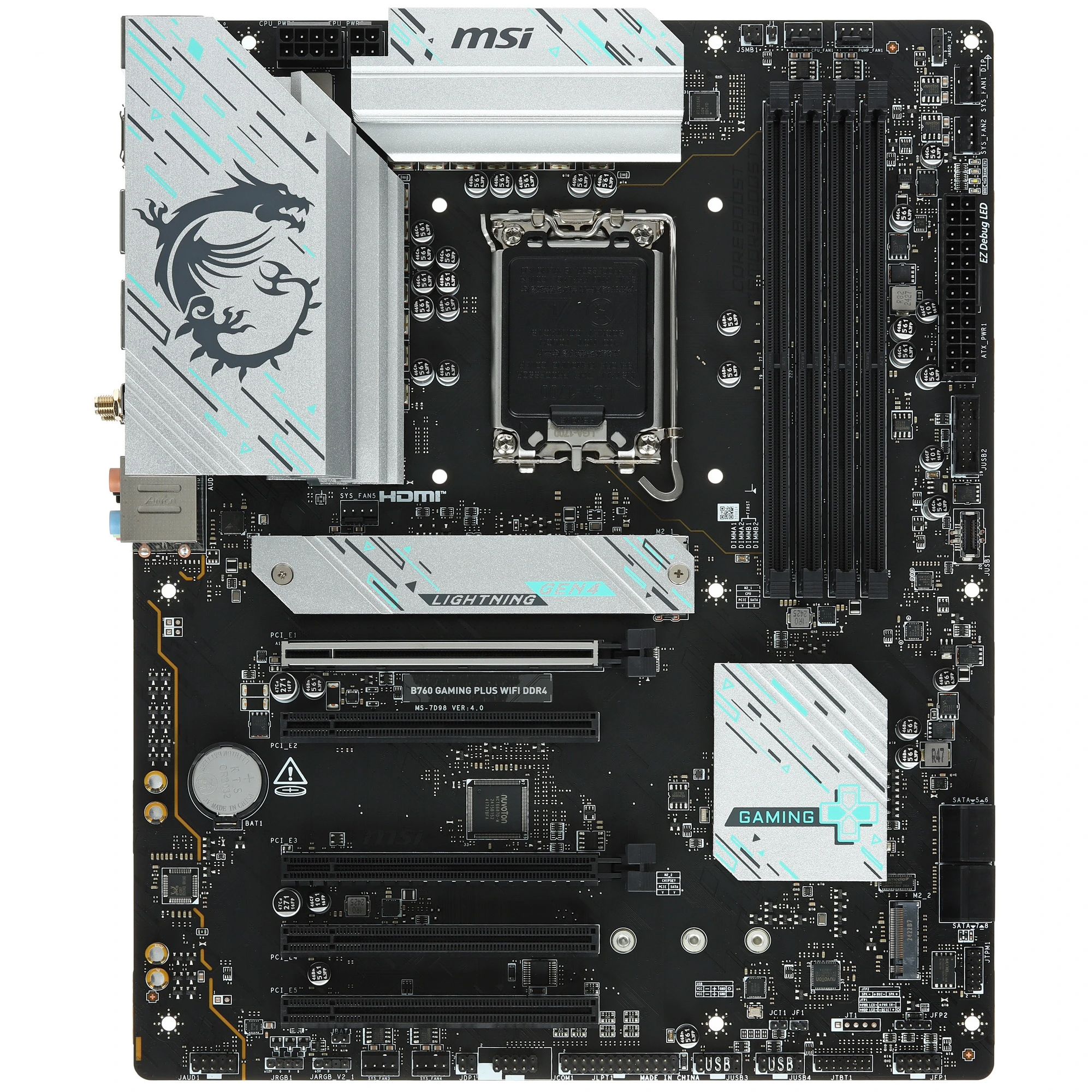 Материнская плата MSI B760 GAMING PLUS WIFI DDR4, LGA1700, Intel B760, 4xDDR4, 4xSATA, 2xM.2, 2xPCIe x16, DisplayPort, HDMI, 1x2.5Gb LAN, USB Type-C, 5x3.5 мм, 7.1, ATX