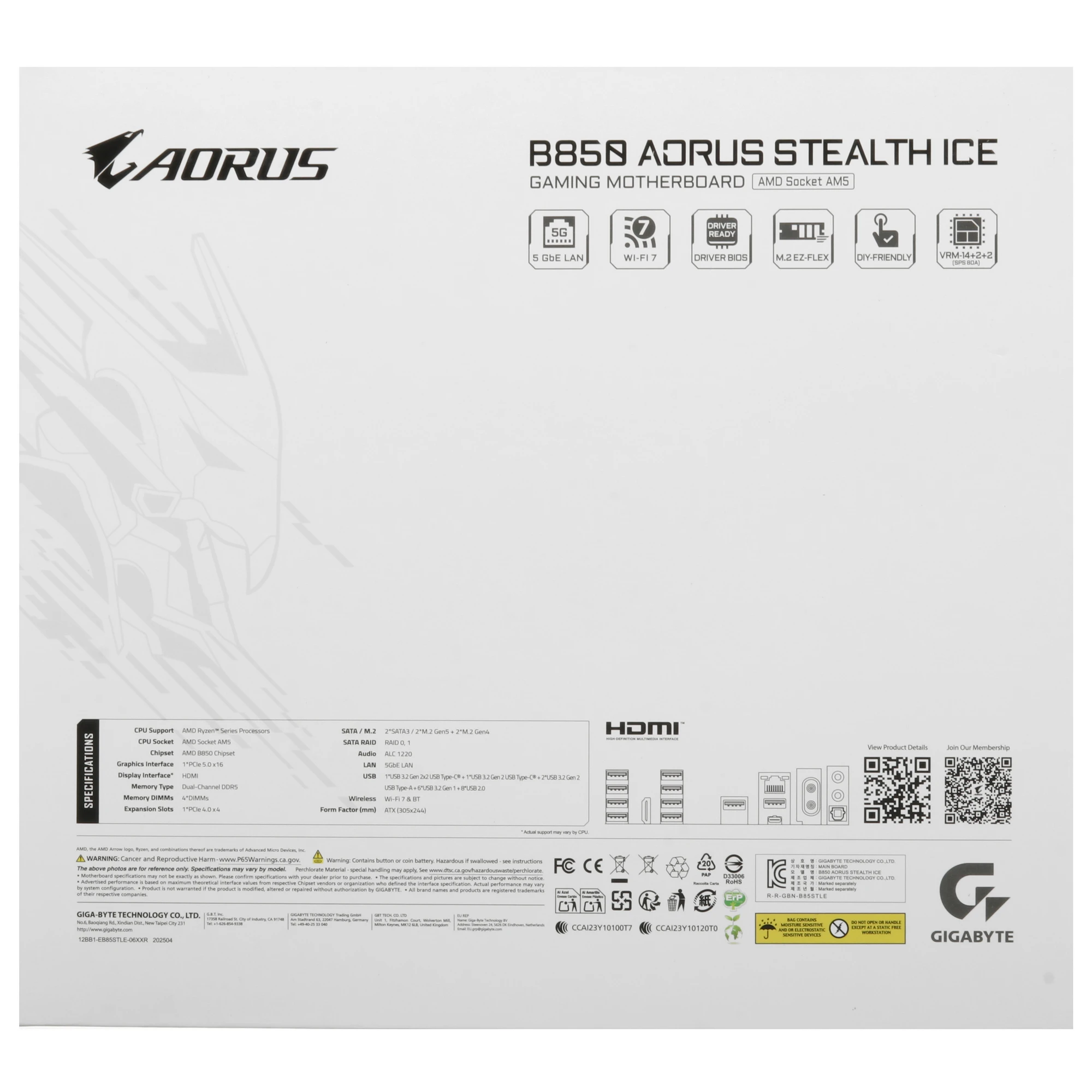 Материнская плата Gigabyte B850 AORUS STEALTH ICE, AM5, AMD B850, 4xDDR5, 2xSATA, 4xM.2, 1xPCIe 5.0 x16, 1xPCIe 4.0 x4, 1xHDMI, 1x5Gb LAN, Wi-Fi 7, Bluetooth 5.4, 1xUSB-C 10Gbps, 2xUSB-A 10Gbps, 4xUSB-A 5Gbps, 4xUSB-A 2.0, 2x3.5 мм, 7.1, ATX, фото10