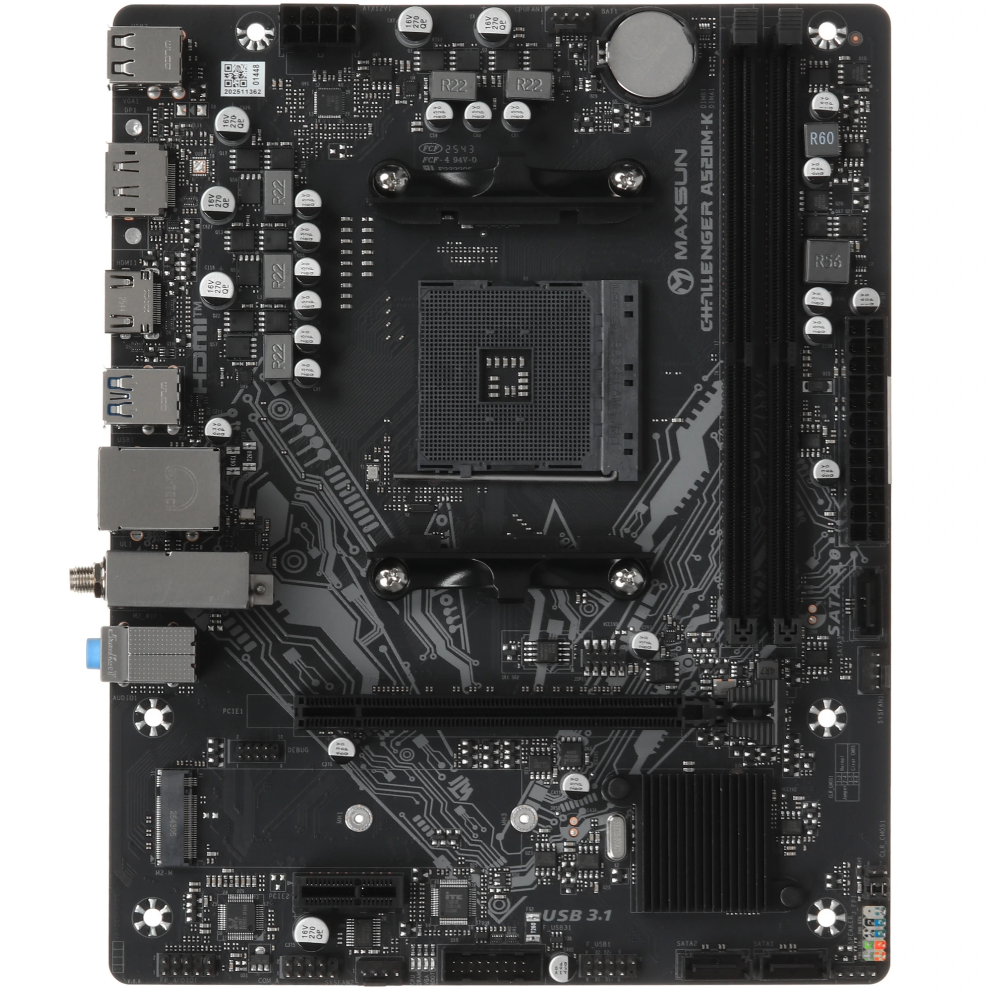 Материнская плата MAXSUN Challenger A520M-K WIFI, AM4, AMD A520, 2xDDR4, 3xSATA, 1xM.2, 1xPCIe 3.0 x16, DisplayPort, HDMI, 1x1Gb LAN, 3x3.5 мм, 5.1, microATX