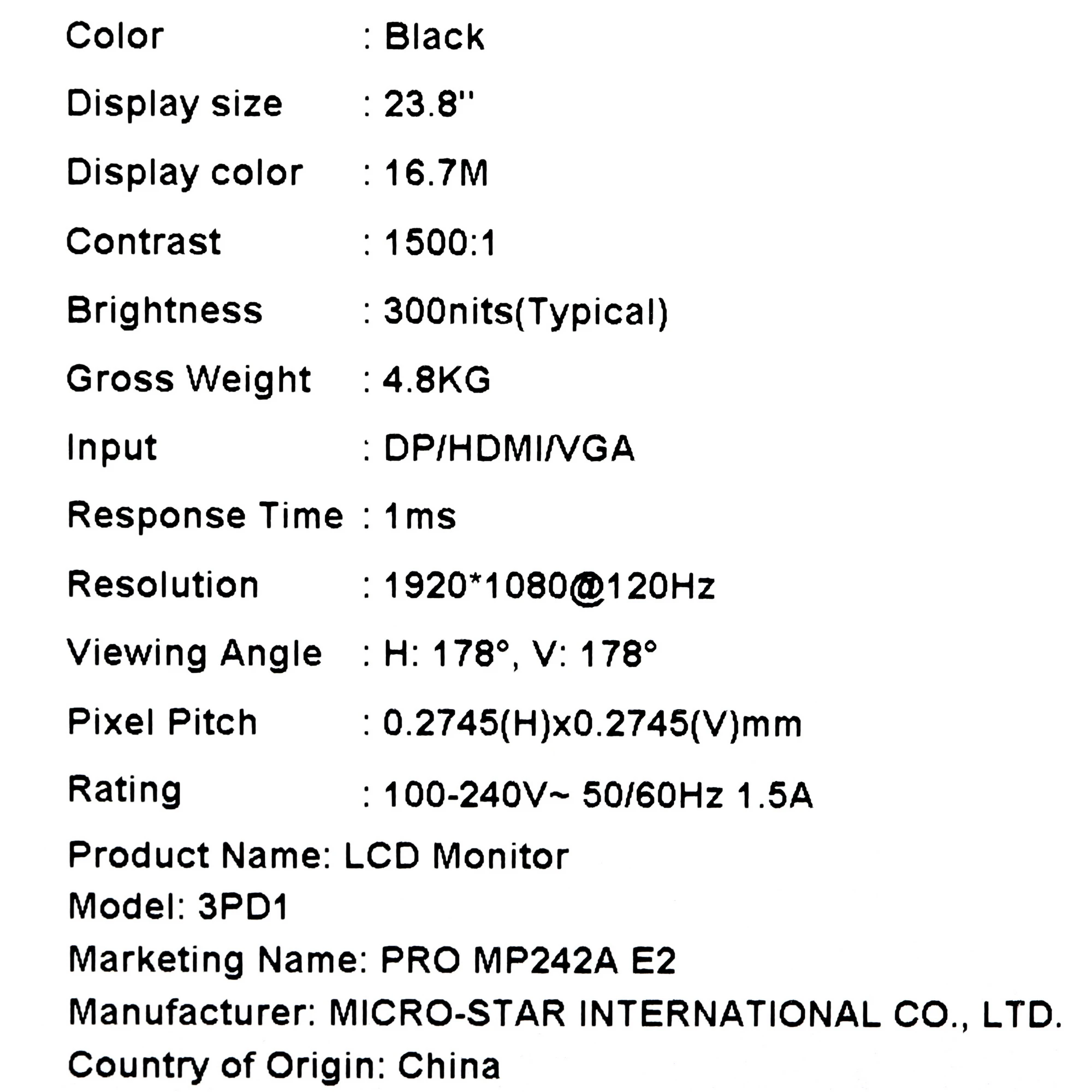 Монитор 23.8' MSI PRO MP242A E2 IPS 1920x1080, 120 Гц, 4 мс (1 мс MPRT), 16:9, 300 кд/м², VGA, HDMI 1.4, DP 1.2, 3.5 Jack, динамики (2x2 Вт), HDR10, черный, фото9