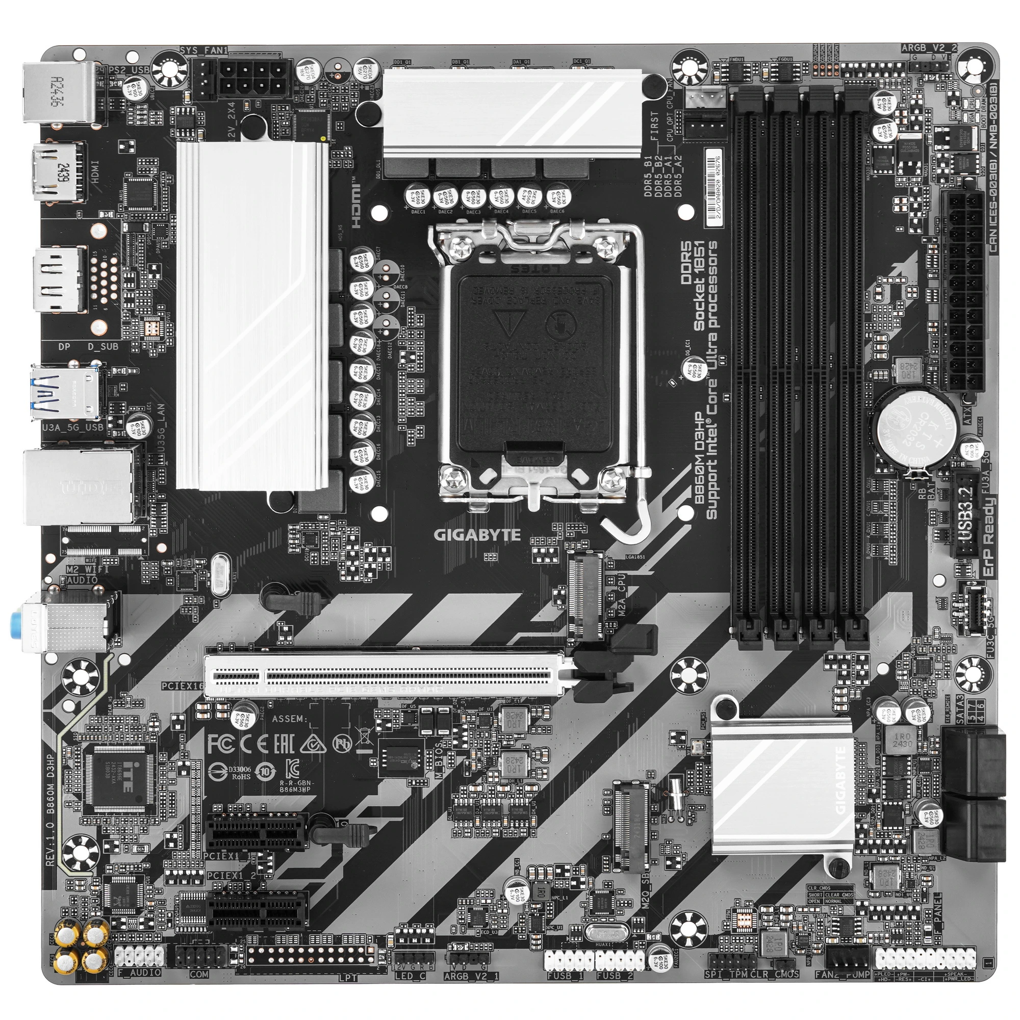 Материнская плата GIGABYTE B860M D3HP, LGA1851, Intel B860, 4xDDR5, 4xSATA, 2xM.2, 1xPCIe 5.0 x16, DisplayPort, HDMI, 1x1Gb LAN, 3x3.5 мм, 7.1, microATX