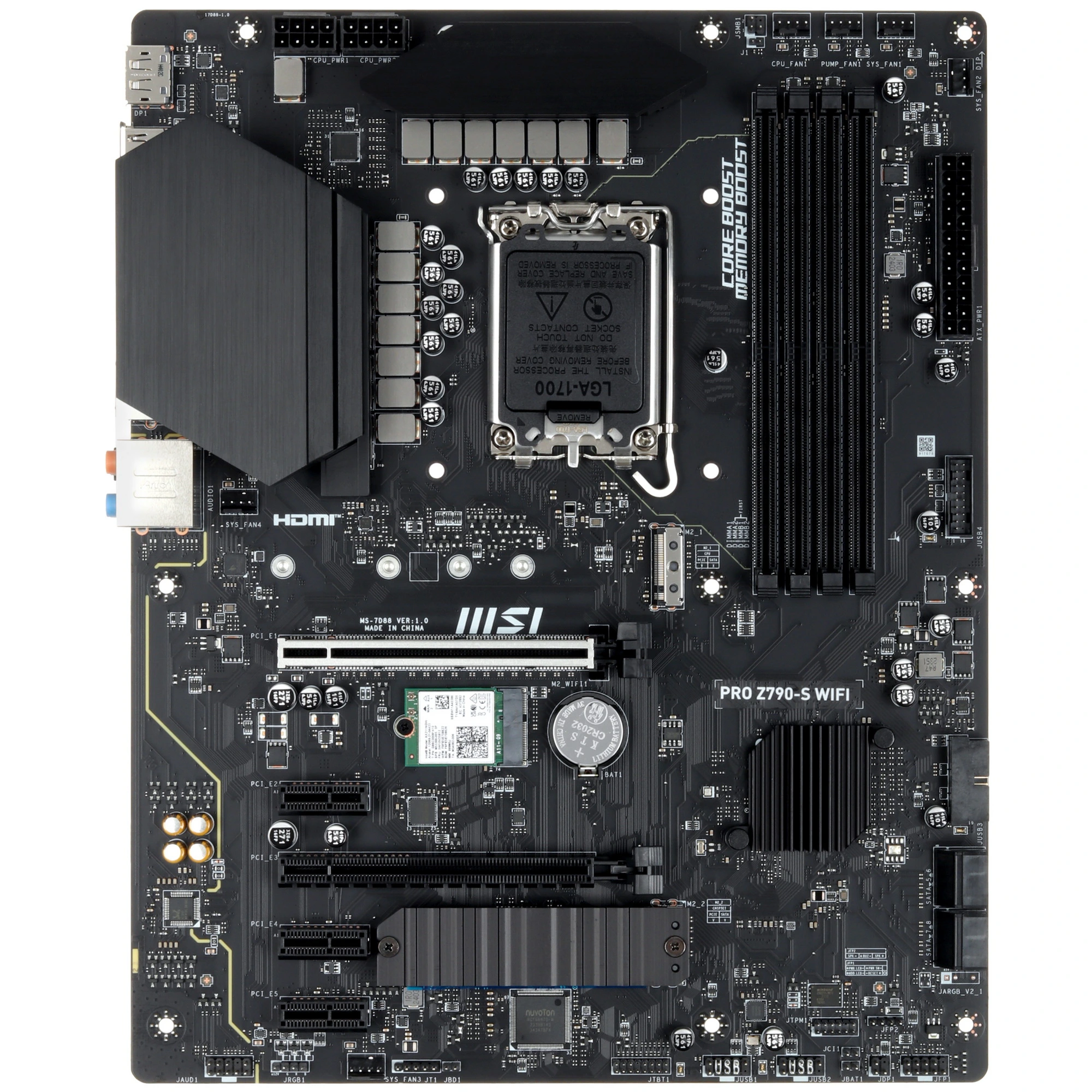 Материнская плата MSI PRO Z790-S WIFI, LGA1700, Intel Z790, 4xDDR5, 4xSATA, 2xM.2, 2xPCIe x16, 3xPCIe x1, DisplayPort, HDMI, 1x2.5Gb LAN, USB Type-C, 5x3.5 мм, 7.1, ATX