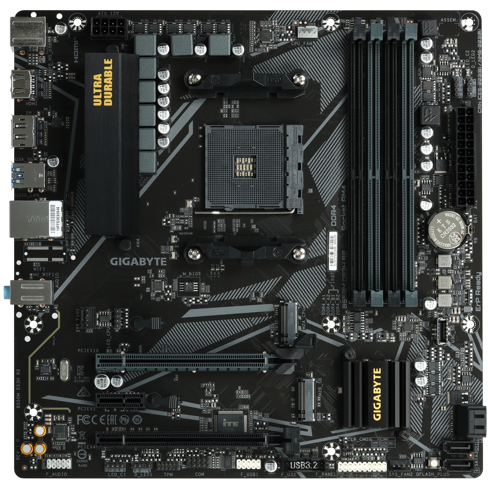Материнская плата Gigabyte B550M DS3H R2, AM4, AMD B550, 4xDDR4, 4xSATA, 2xM.2, 2xPCIe x16, DisplayPort, HDMI, 1xGb LAN, 6xUSB, 3x3.5 мм, 7.1, microATX