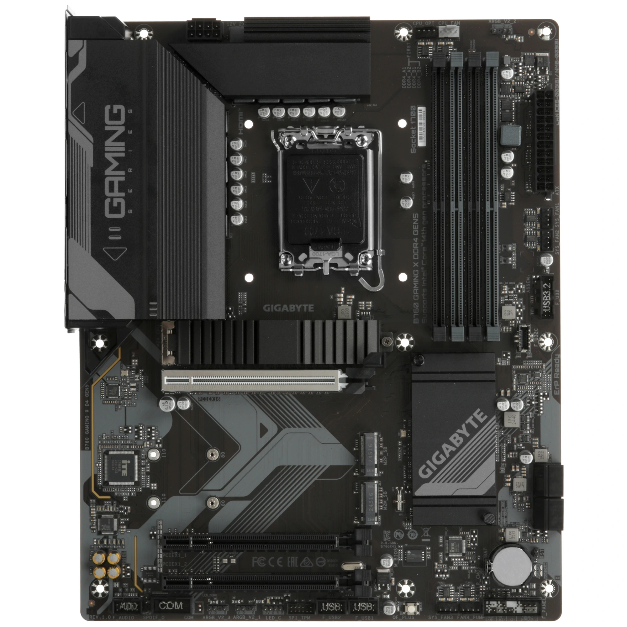 Материнская плата Gigabyte B760 GAMING X D4 GEN5, LGA1700, Intel B760, 4xDDR4, 4xSATA, 3xM.2, 1xPCIe 5.0 x16, 2xPCIe 3.0 x1, 1xHDMI, 1xDP, 1x2.5Gb LAN, 1xUSB-A 10Gbps, 2xUSB-A 5Gbps, 5xUSB-A 2.0, 6x3.5 мм, 7.1, ATX