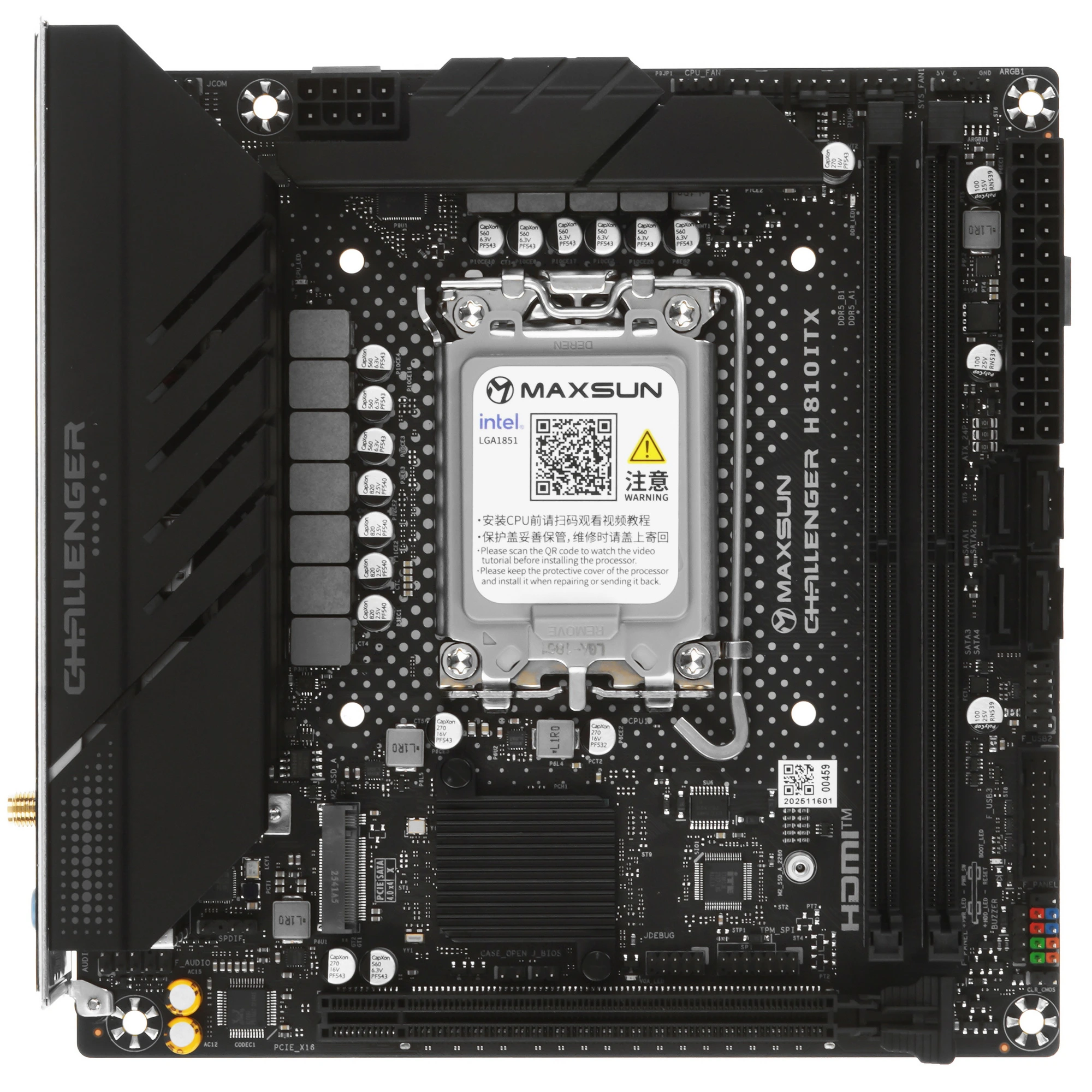 Материнская плата Maxsun MS-Challenger H810ITX WIFI, LGA1851, Intel H810, 2xDDR5, 4xSATA, 2xM.2, 1xPCIe 5.0 x16, 1xDP, 1xHDMI, 1x1Gb LAN, Wi-Fi 6, Bluetooth 5.2, 4xUSB-A 10Gbps, 2xUSB-A 5Gbps, 2xUSB-A 2.0, 3x3.5 мм, Mini-ITX