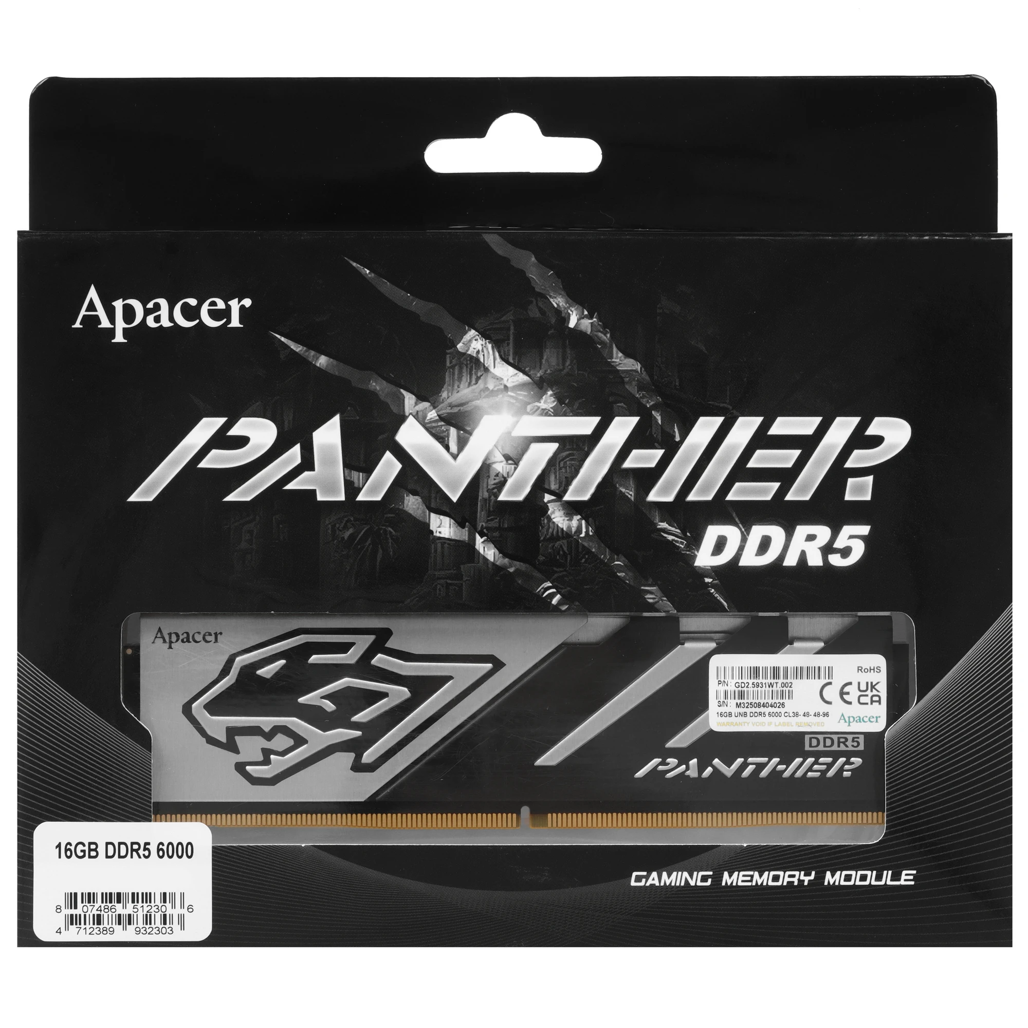 Оперативная память Apacer Panther, DDR5, 16GB (1x16GB), 6000 MHz, CL40, с радиатором, черно-серый, фото4