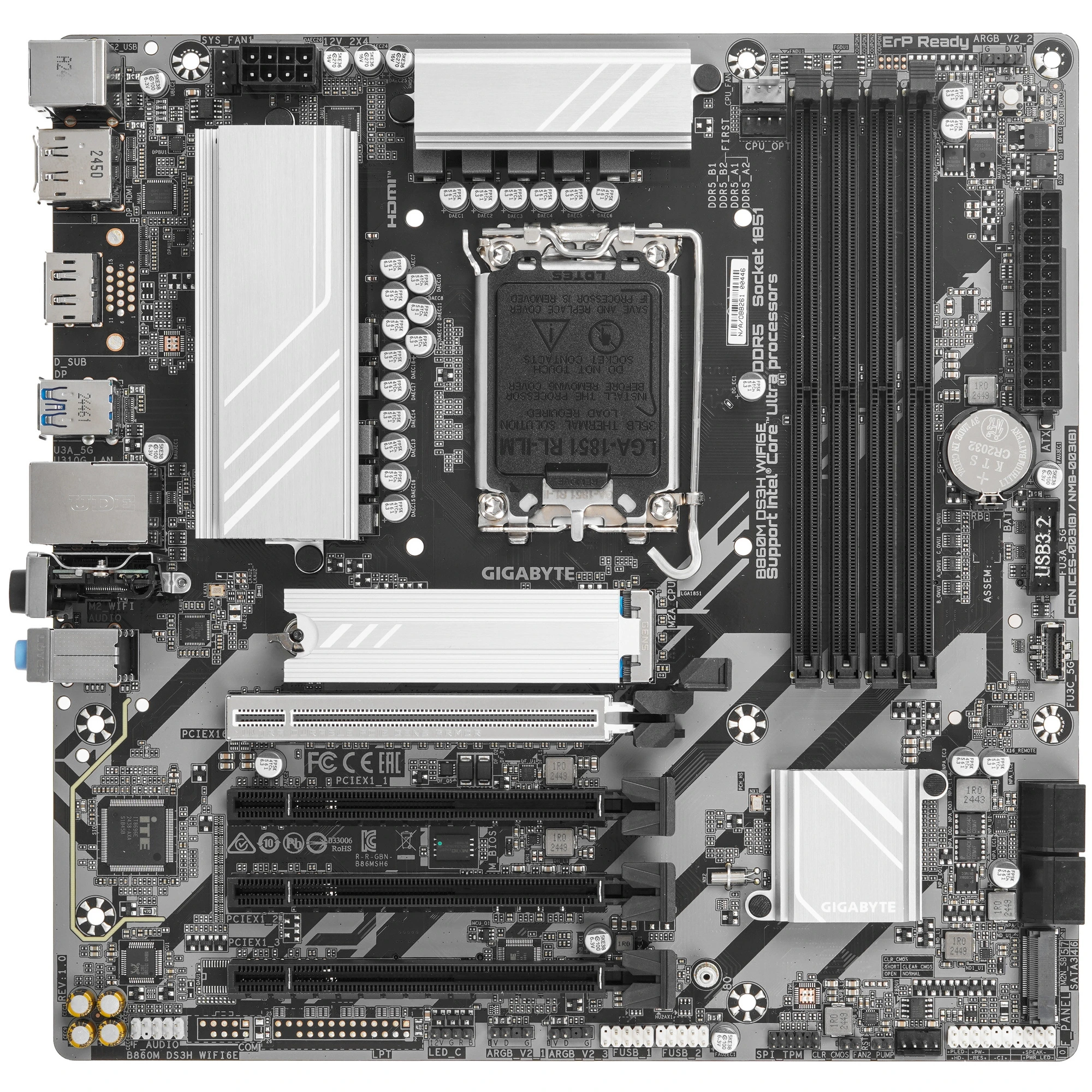 Материнская плата GIGABYTE B860M DS3H WIFI6E, LGA1851, Intel B860, 4xDDR5, 4xSATA, 2xM.2, 1xPCIe 5.0 x16, DisplayPort, HDMI, 1x2.5Gb LAN, 3x3.5 мм, 7.1, microATX