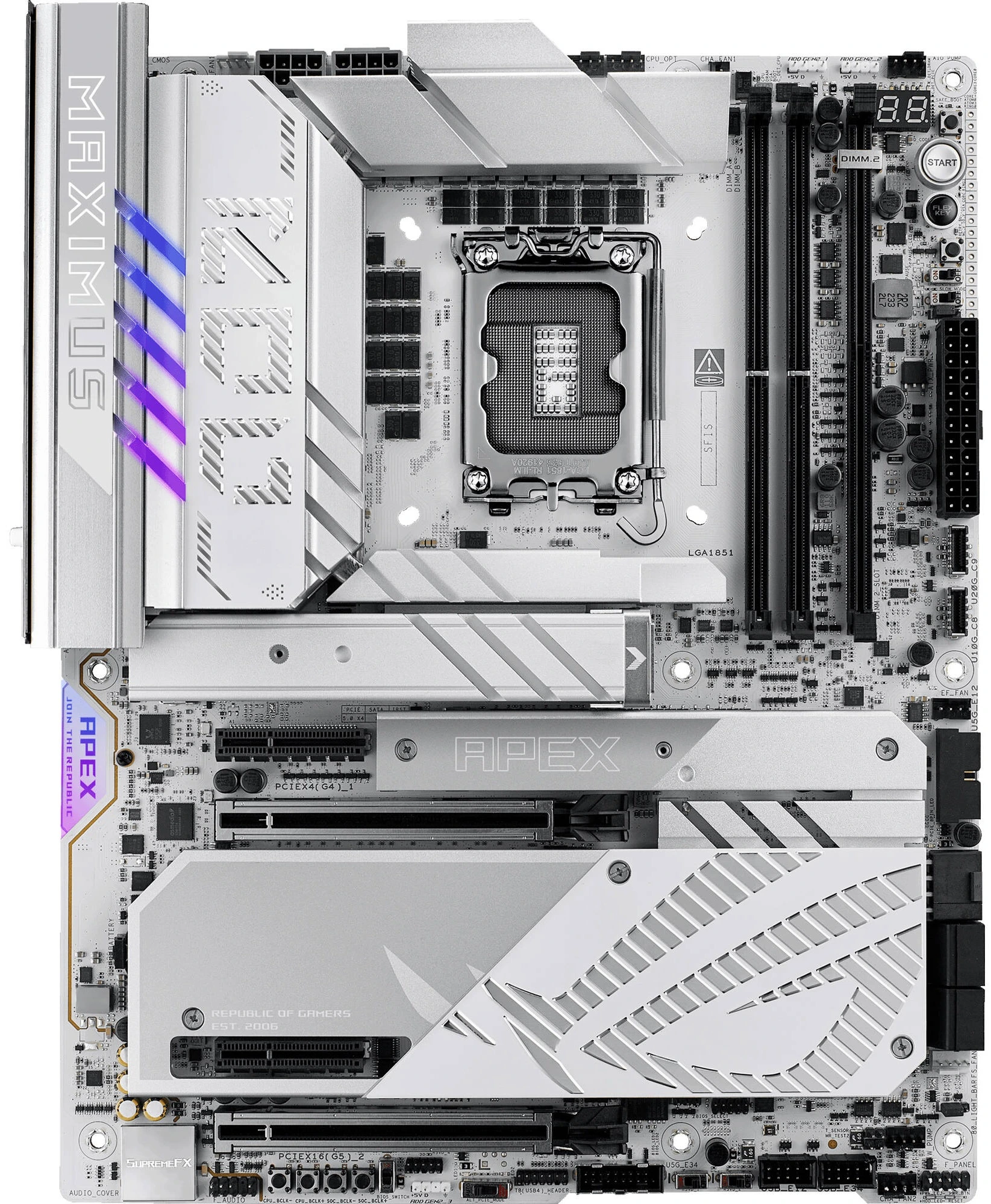 Материнская плата ASUS ROG MAXIMUS Z890 APEX, LGA 1851, Intel Z890, 2xDDR5, 4xSATA, 4xM.2, 1xPCIe 5.0 x16, 1xPCIe 5.0 x8, 2xUSB-C Thunderbolt 4, 1xUSB-C 20Gbps, 4xUSB-A 10Gbps, 4xUSB-A 5Gbps, 1x 5Gb LAN, 2x3.5 мм, 7.1, ATX