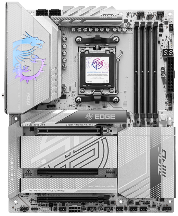 Материнская плата MSI MPG X870E EDGE TI WIFI, AM5, AMD X870E, 4xDDR5, 4xSATA, 4xM.2, 1xPCIe 5.0 x16, 1xPCIe 4.0 x4, 1xPCIe 3.0 x1, 1xHDMI (v2.1), 1xUSB-C 10Gbps, 1x5Gb LAN, Wi-Fi 7, Bluetooth 5.4, 2xUSB-C 40Gbps, 5xUSB-A 10Gbps, 4xUSB-A 2.0, 2x3.5 мм, S/PDIF, 7.1, ATX