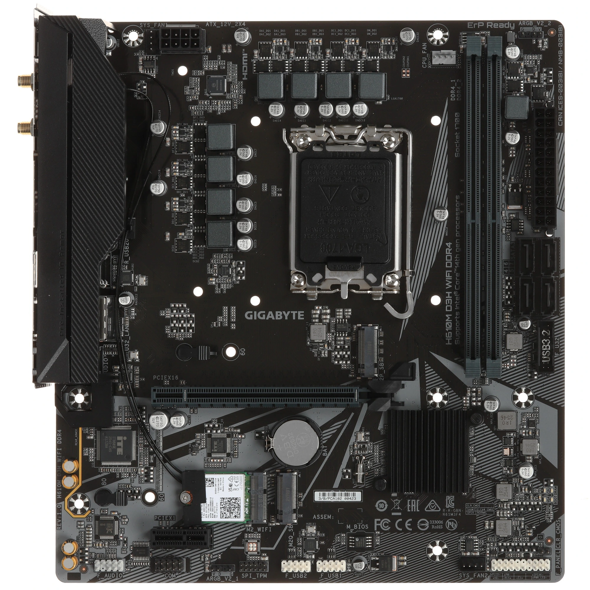Материнская плата GIGABYTE H610M D3H WIFI DDR4, LGA 1700, Intel H610, 2xDDR4, 4xSATA, 2xM.2, 1xPCIe 4.0 x16, HDMI, 1x1Gb LAN, Wi-Fi 5, Bluetooth, 3x3.5 мм, 7.1, microATX