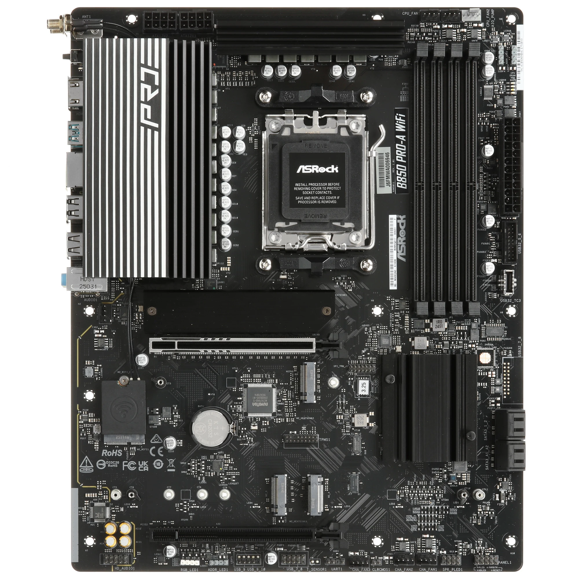 Материнская плата ASRock B850 PRO-A WIFI, AM5, AMD B850, 4xDDR5, 4xSATA, 4xM.2, 1xPCIe 5.0 x16, 1xPCIe 4.0 x4, 1xHDMI, 1xUSB-C, 1x2.5Gb LAN, Wi-Fi 6E, Bluetooth 5.2, 1xUSB-C 10Gbps, 1xUSB-C 5Gbps, 4xUSB-A 5Gbps, 6xUSB-A 2.0, 3x3.5 мм, 7.1, ATX, фото 1