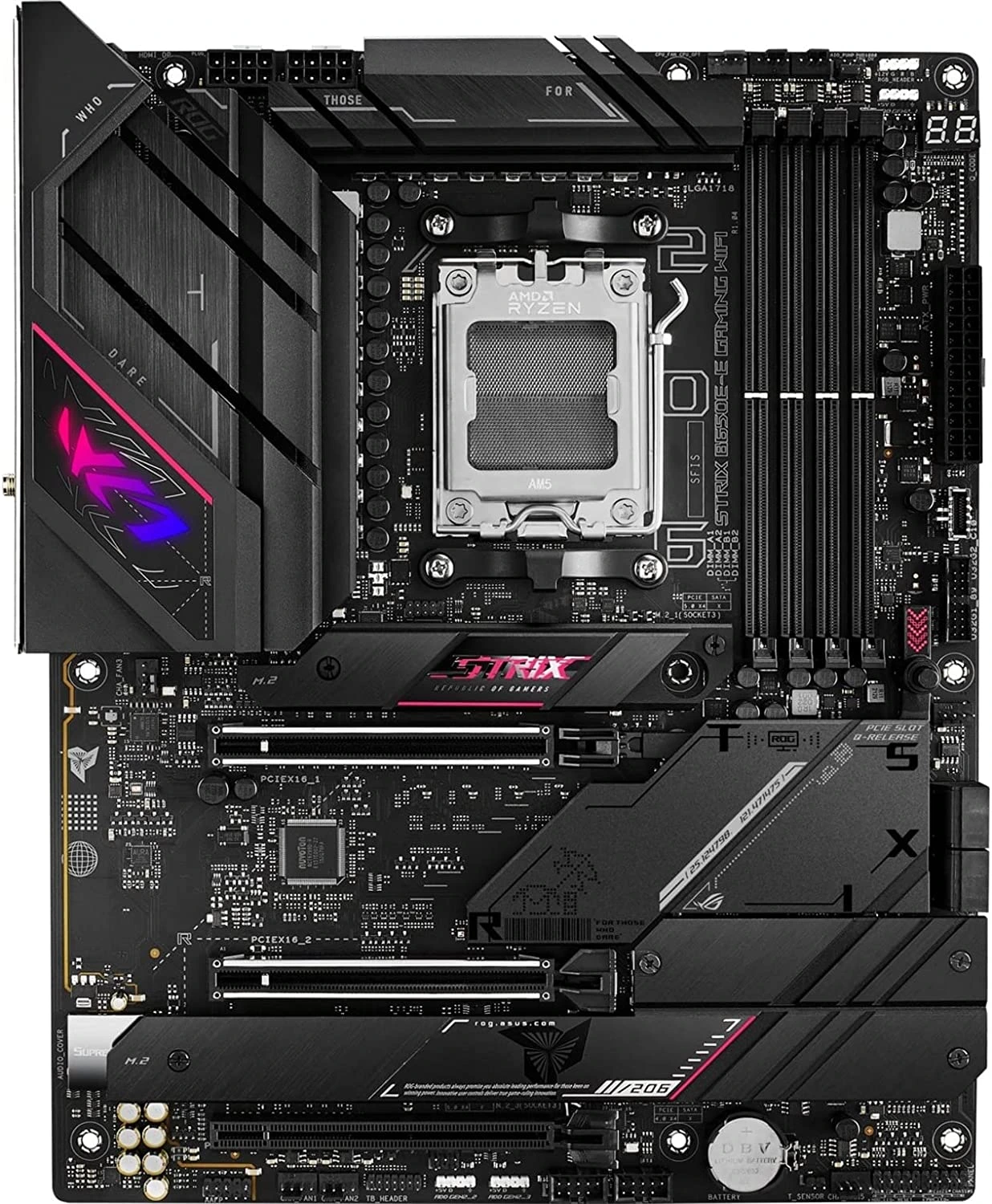 Материнская плата ASUS ROG STRIX B650E-E GAMING WIFI, AM5, AMD B650, 4xDDR5, 4xSATA, 4xM.2, 1xPCI-E 4.0 x4, 1xPCI-E 5.0 x8, 1xPCI-E 5.0 x16, 1xDP, 1xHDMI, 1x 2.5Gb LAN, 4xUSB-A 3.2 Gen 2, 6xUSB-A 3.2 Gen 2, 1xUSB-C 3.2 Gen 2, 1xUSB-C 3.2 Gen 2x2, 5x3.5 мм, TOSLINK, 7.1, ATX