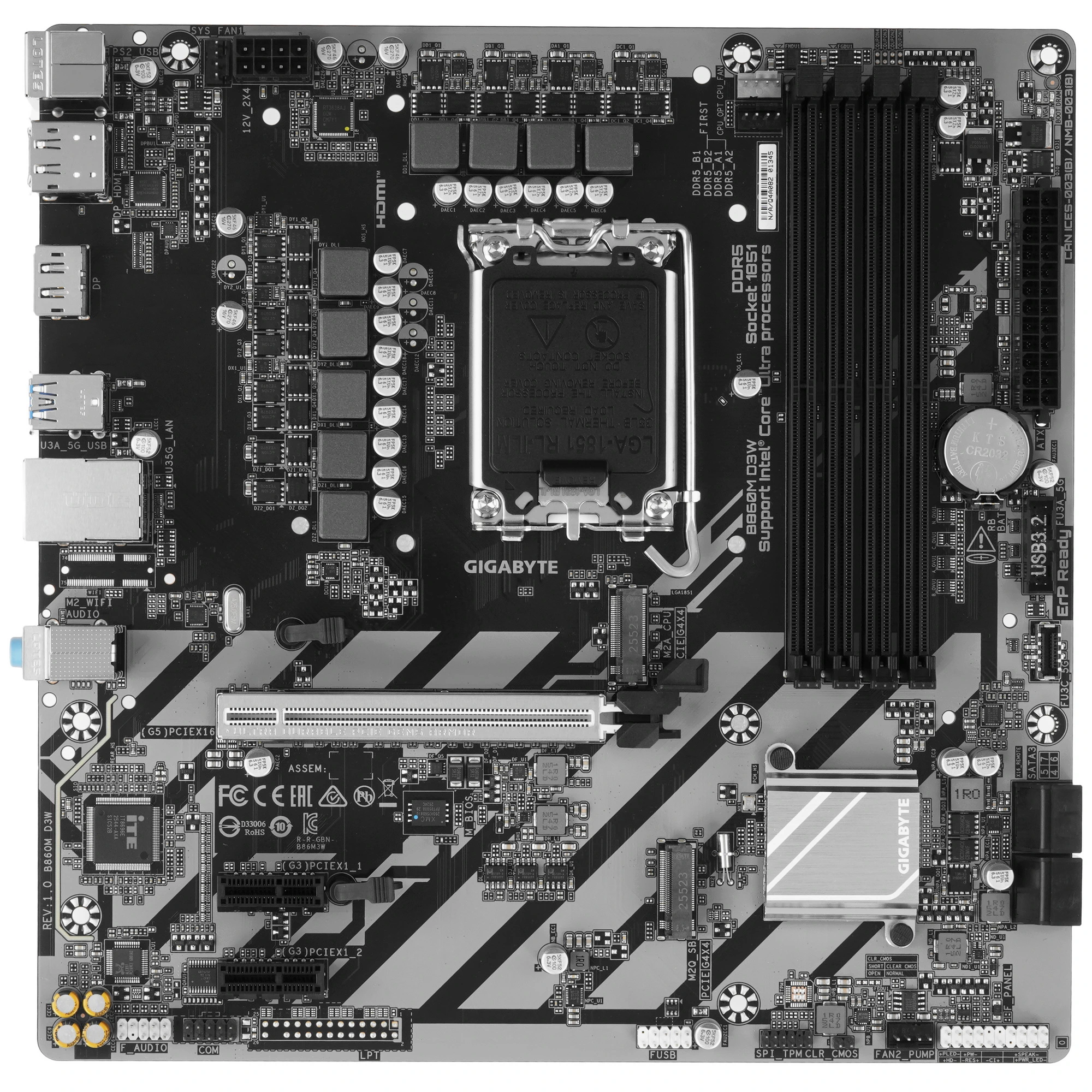 Материнская плата GIGABYTE B860M D3W, LGA 1851, Intel B860, 4xDDR5, 4xSATA, 2xM.2, 1xPCIe 5.0 x16, HDMI, 2xDisplayPort, 1x1Gb LAN, 3x3.5 мм, 7.1, microATX