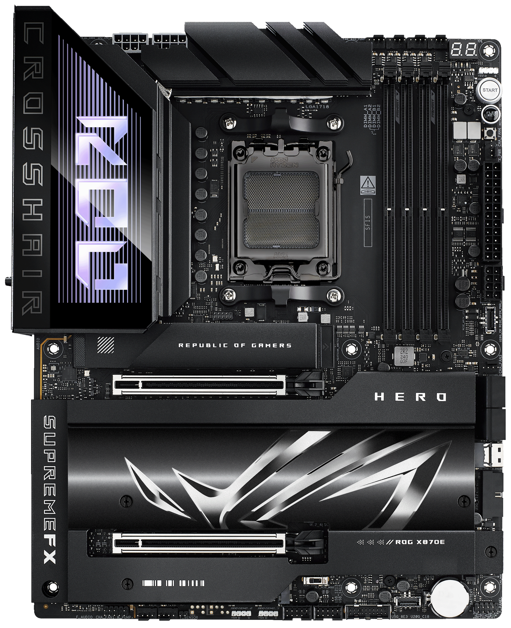 Материнская плата ASUS ROG CROSSHAIR X870E HERO, AM5, AMD X870E, 4xDDR5, 4xSATA, 5xM.2, 1xPCIe 5.0 x16, HDMI, USB Type-C, 2x5Gb LAN, Wi-Fi 7, Bluetooth, 2x3.5 мм, 7.1, ATX