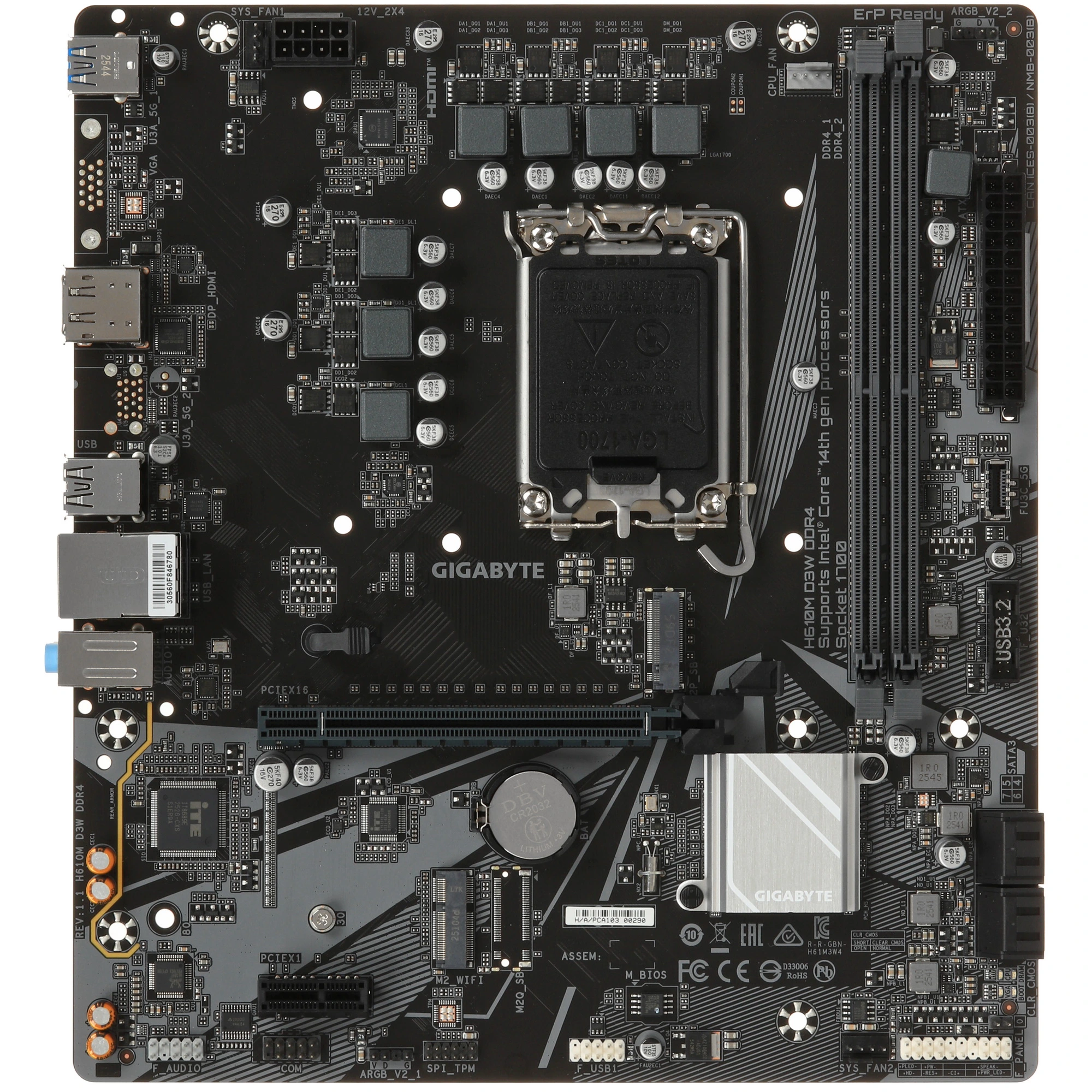 Материнская плата GIGABYTE H610M D3W DDR4, LGA 1700, Intel H610, 2xDDR4, 4xSATA, 1xM.2, 1xPCIe 4.0 x16, DisplayPort, HDMI, 1x1Gb LAN, 3x3.5 мм, 7.1, microATX