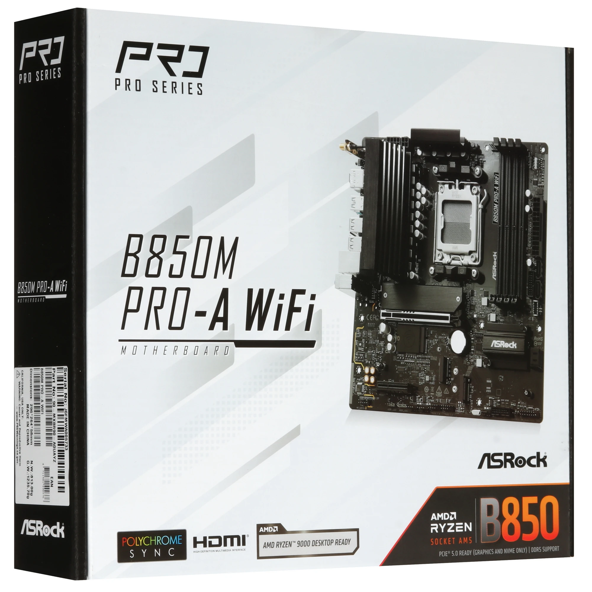 Материнская плата ASRock B850M PRO-A WIFI, AM5, AMD B850, 4xDDR5, 4xSATA, 3xM.2, 1xPCIe 5.0 x16, 1xPCIe 3.0 x4, 1xDP, 1xHDMI, 1x2.5Gb LAN, Wi-Fi 6E, Bluetooth 5.2, 1xUSB-C 10Gbps, 1xUSB-A 10Gbps, 2xUSB-A 5Gbps, 4xUSB-A 2.0, 3x3.5 мм, 7.1, mATX, фото8