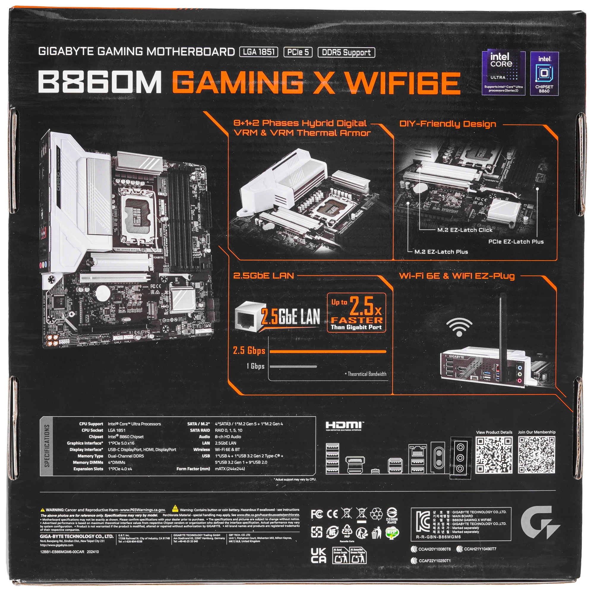 Материнская плата Gigabyte B860M GAMING X WIFI6E, LGA 1851, Intel B860, 4xDDR5, 4xSATA, 3xM.2, 1xPCIe 5.0 x16, 2xPCIe 4.0 x16, 1xHDMI, 1xDP, 1x 2.5Gb LAN, 4xUSB-A 2.0, 2xUSB-A 3.2 Gen 1, 1xUSB-C 3.2 Gen 2, 7.1, 3x3.5 мм, 3xARGb, 4xRGb, mATX, фото7