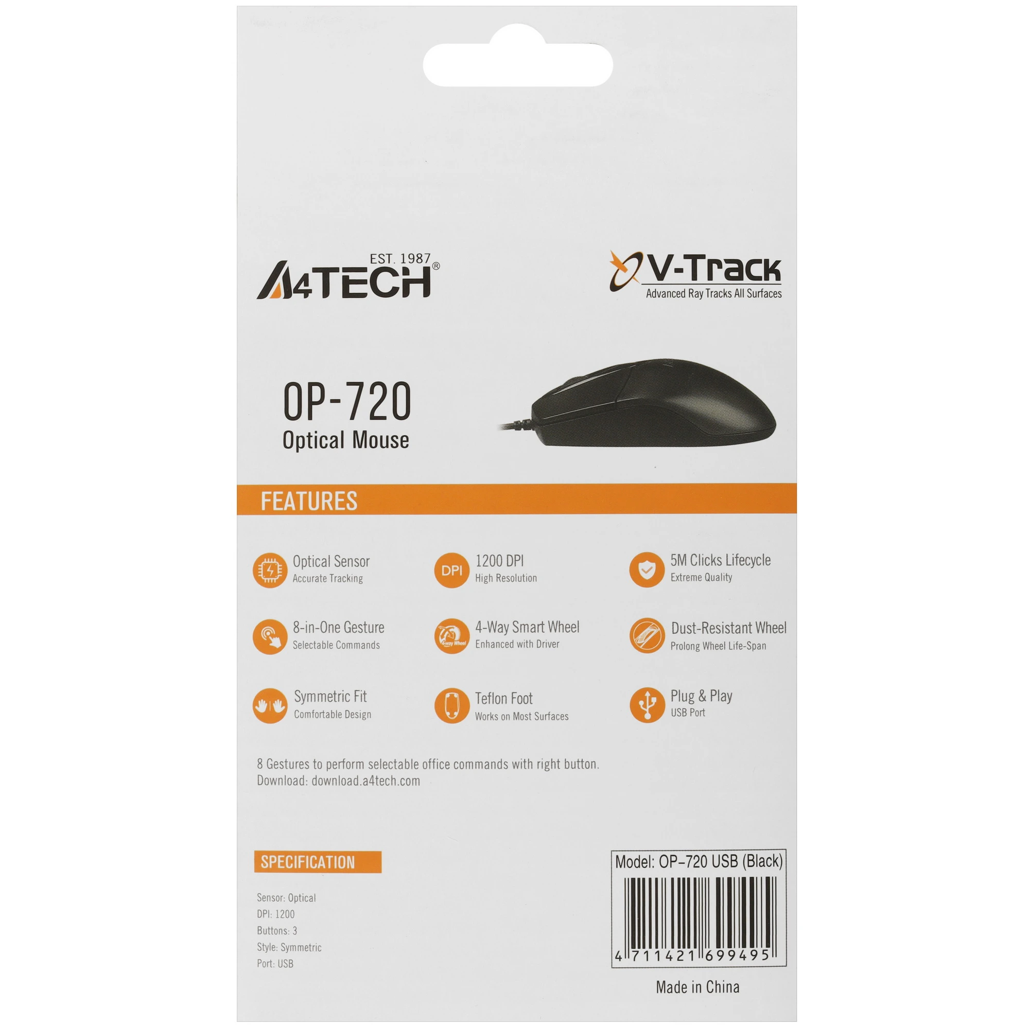 Мышь проводная A4Tech OP-720 черный, 1200 dpi, USB Type-A, кнопки - 3, вид 18