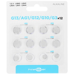 Изображение товара Набор батареек FinePower LR41 (AG3/G3/LR736/392A/192), LR43 (AG12/G12/LR1142/386A/186), LR44 (AG13/G13/LR1154/357A/A76), LR54 (AG10/G10/LR1130/389A/189)