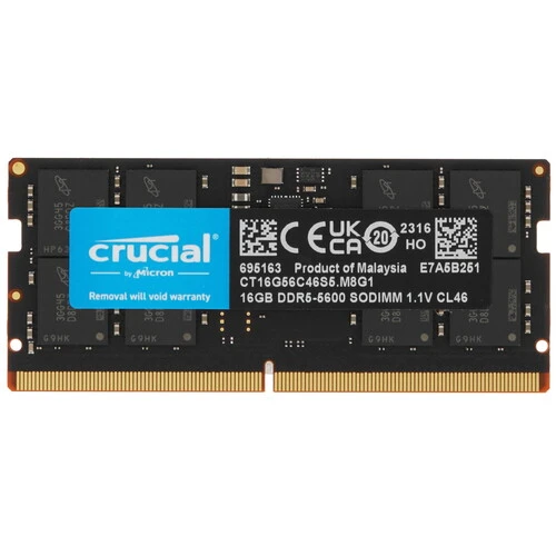 Оперативная память Crucial Classic, DDR5, 16GB (1x16GB), 5600 MHz, CL46, без радиатора, черный, SO-DIMM (OEM)