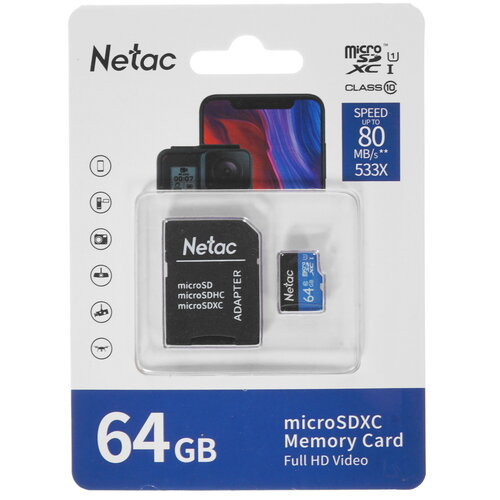 Карта памяти Netac P500 microSDXC 64 ГБ [NT02P500STN-064G-R ]