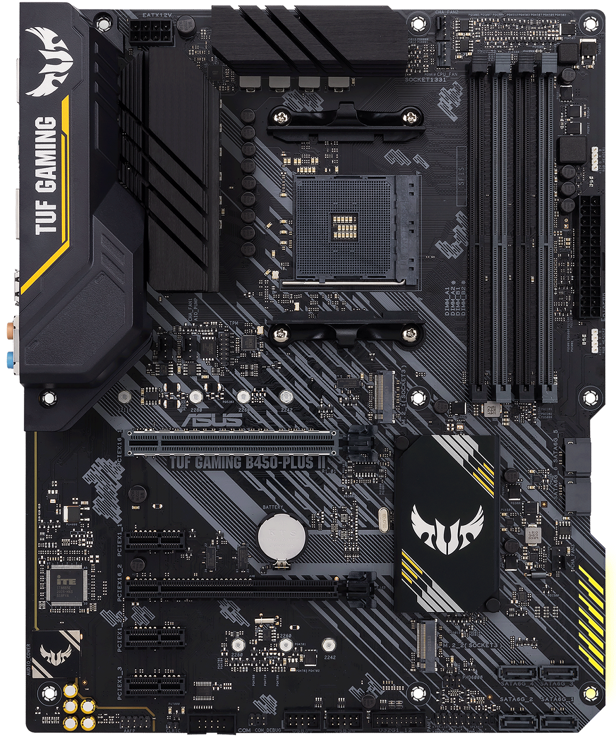 Материнская плата ASUS TUF GAMING B450-PLUS II, AM4, AMD B450, 4xDDR4, 6xSATA, 2xM.2, 1xPCIe 3.0 x16, 1xPCIe 2.0 x16, 3xPCIe x1, DisplayPort, HDMI, 1x1Gb LAN, USB Type-C, 5x3.5 мм, 7.1, ATX